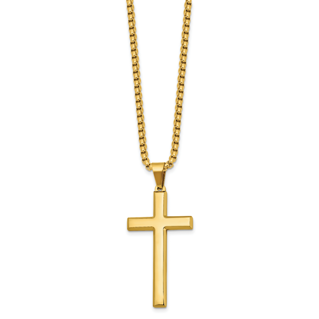 Men's Gold-Tone Polished Cross Stainless Steel Box Chain Necklace 2.8mm