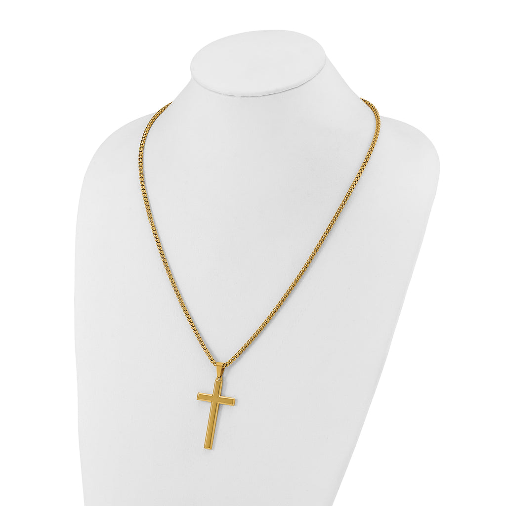 Men's Gold-Tone Polished Cross Stainless Steel Box Chain Necklace 2.8mm