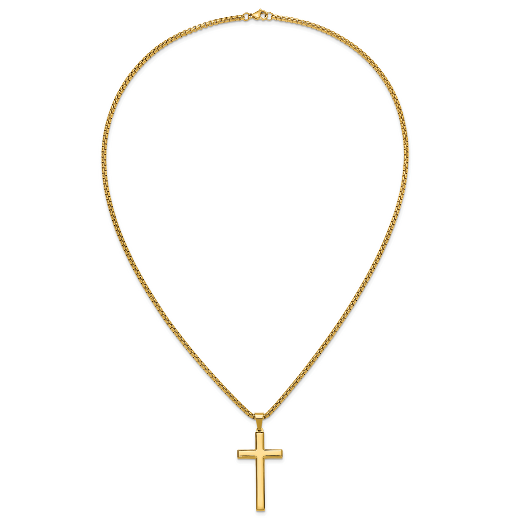 Men's Gold-Tone Polished Cross Stainless Steel Box Chain Necklace 2.8mm