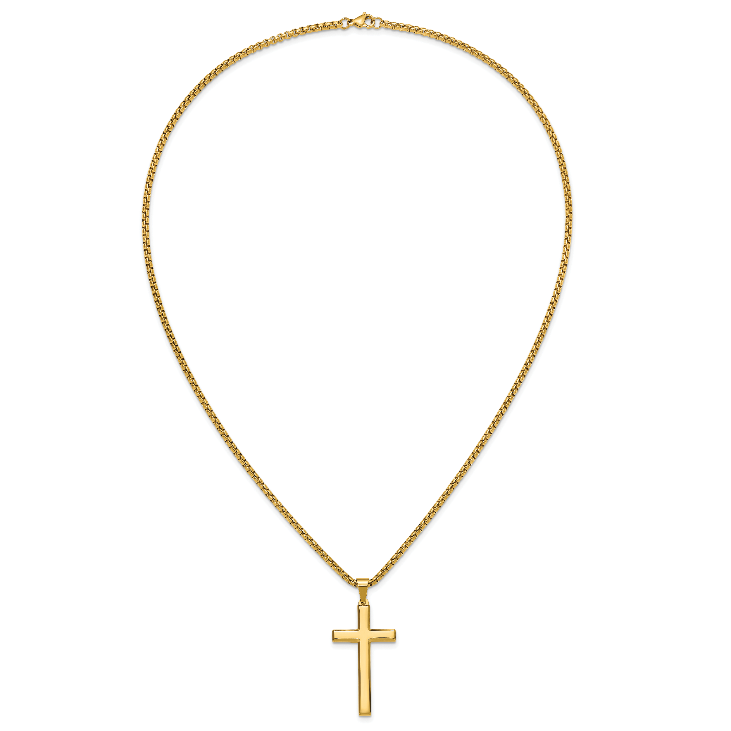 Men's Gold-Tone Polished Cross Stainless Steel Box Chain Necklace 2.8mm