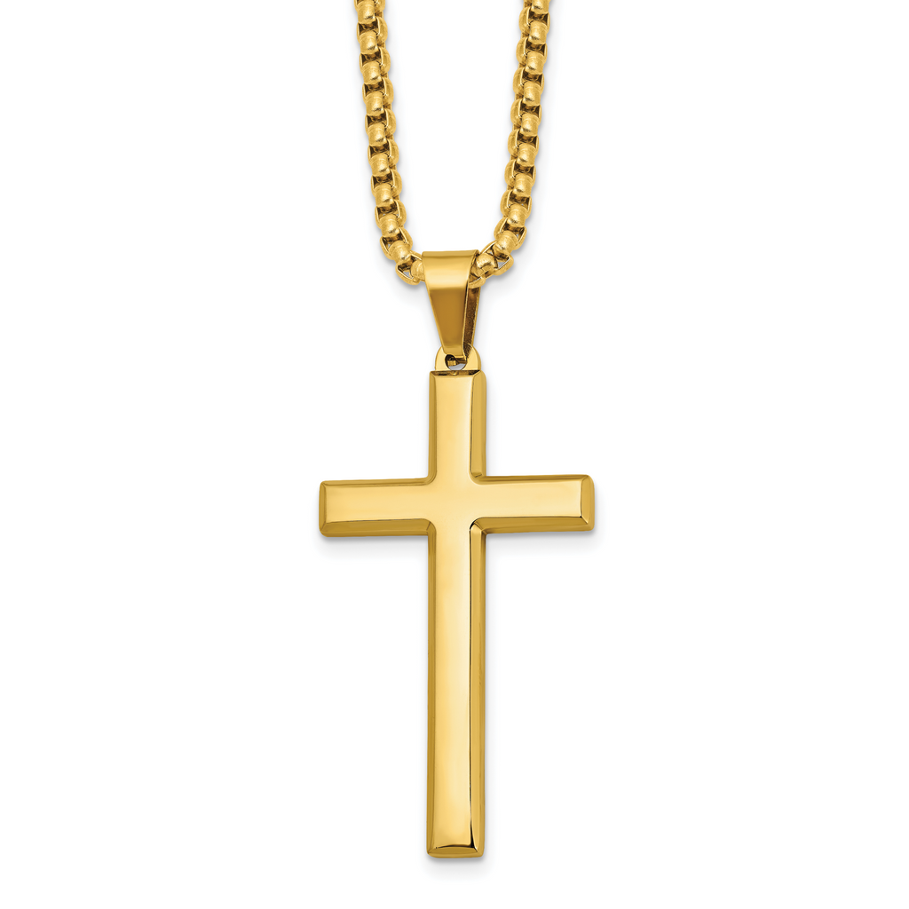Men's Gold-Tone Polished Cross Stainless Steel Box Chain Necklace 2.8mm