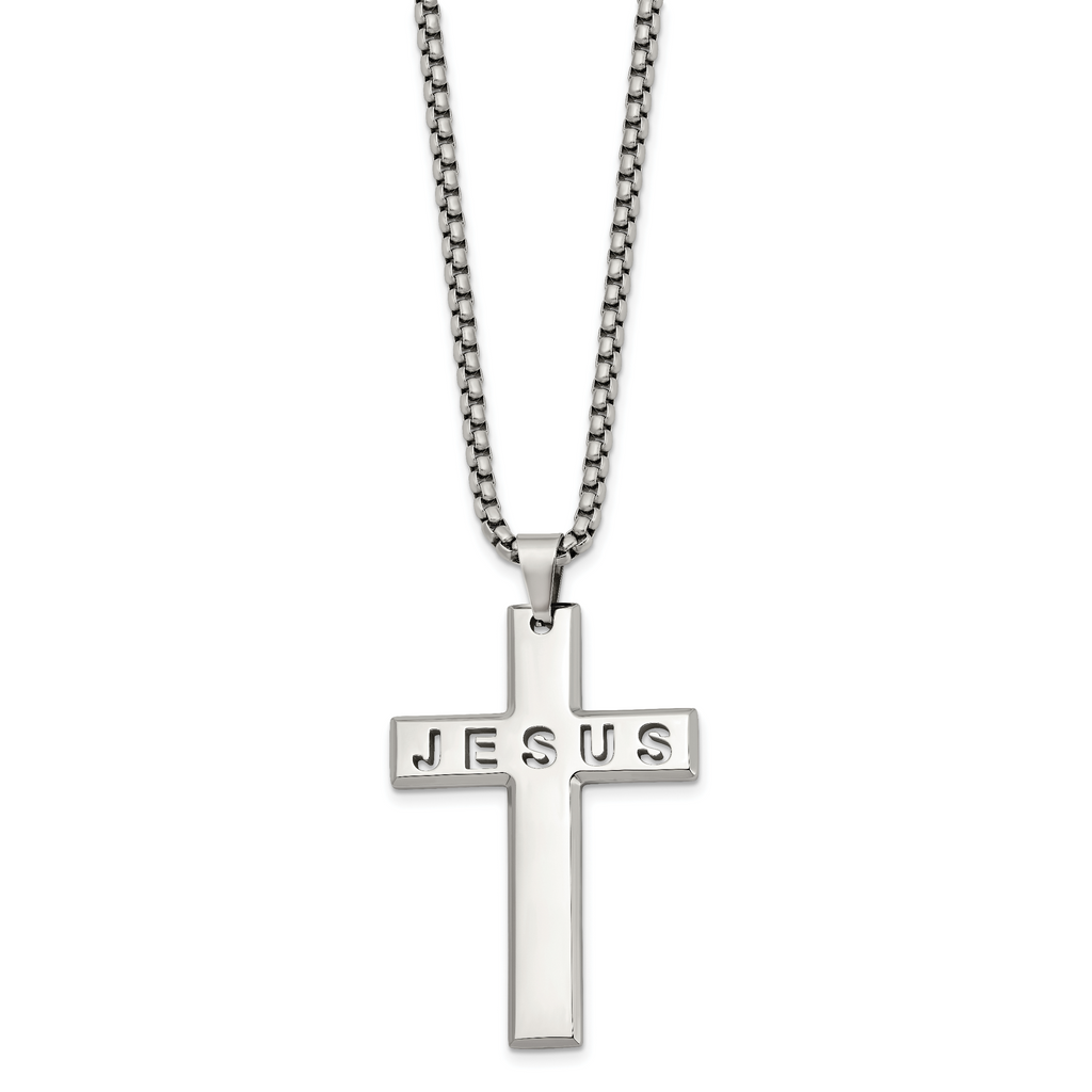Men's Polished Cross Stainless Steel Box Chain Necklace 2.9mm