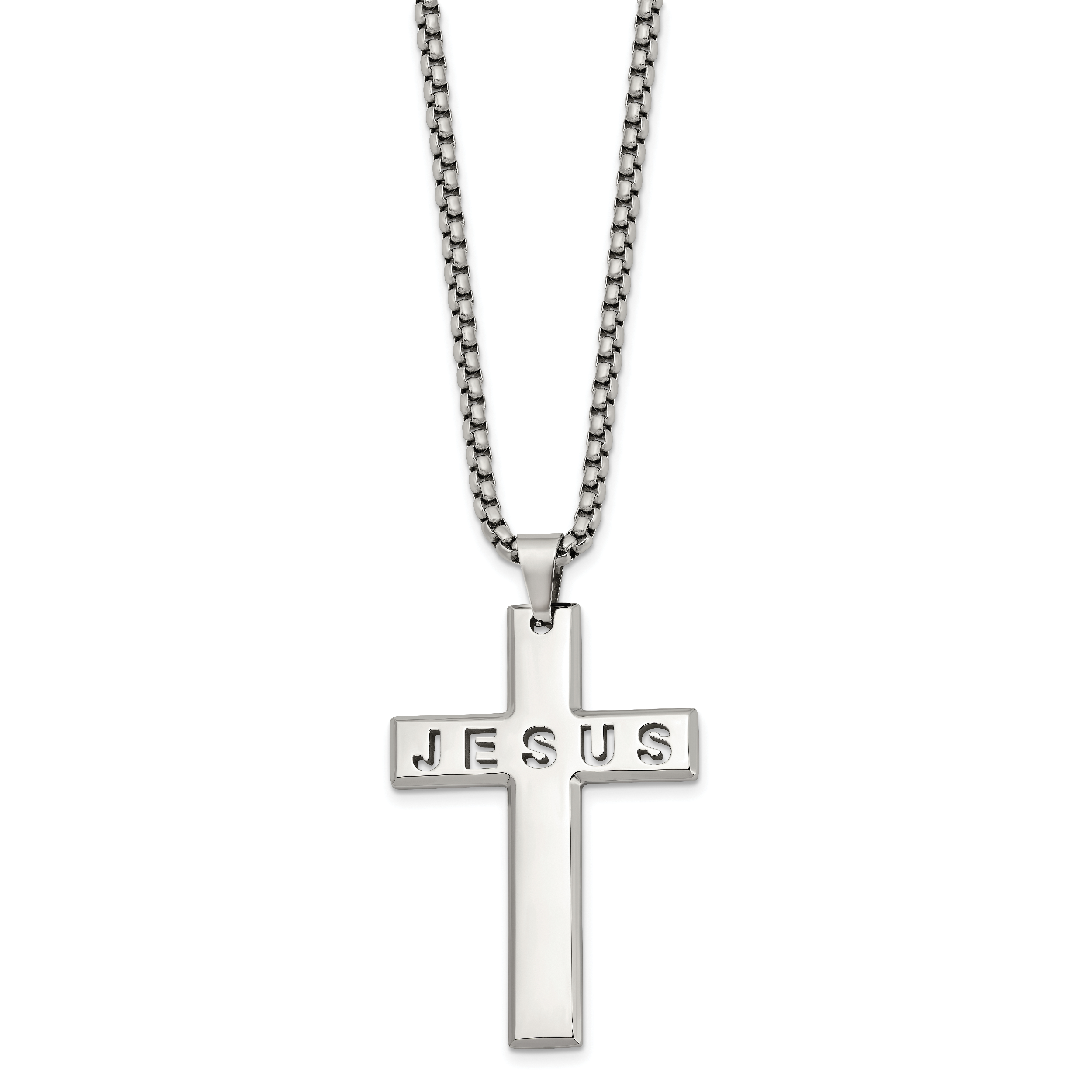 Men's Polished Cross Stainless Steel Box Chain Necklace 2.9mm