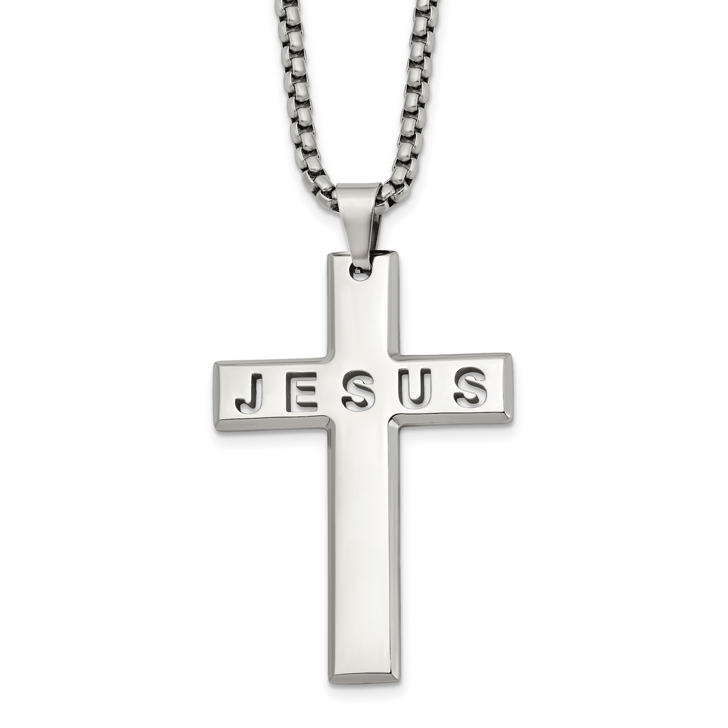 Men's Polished Cross Stainless Steel Box Chain Necklace 2.9mm