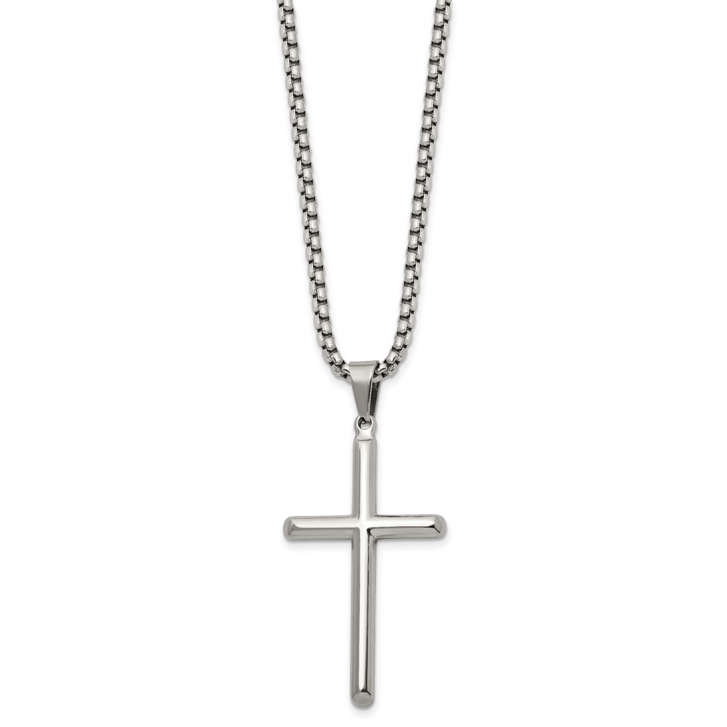 Men's Polished Cross Stainless Steel Box Chain Necklace 2.9mm 24in
