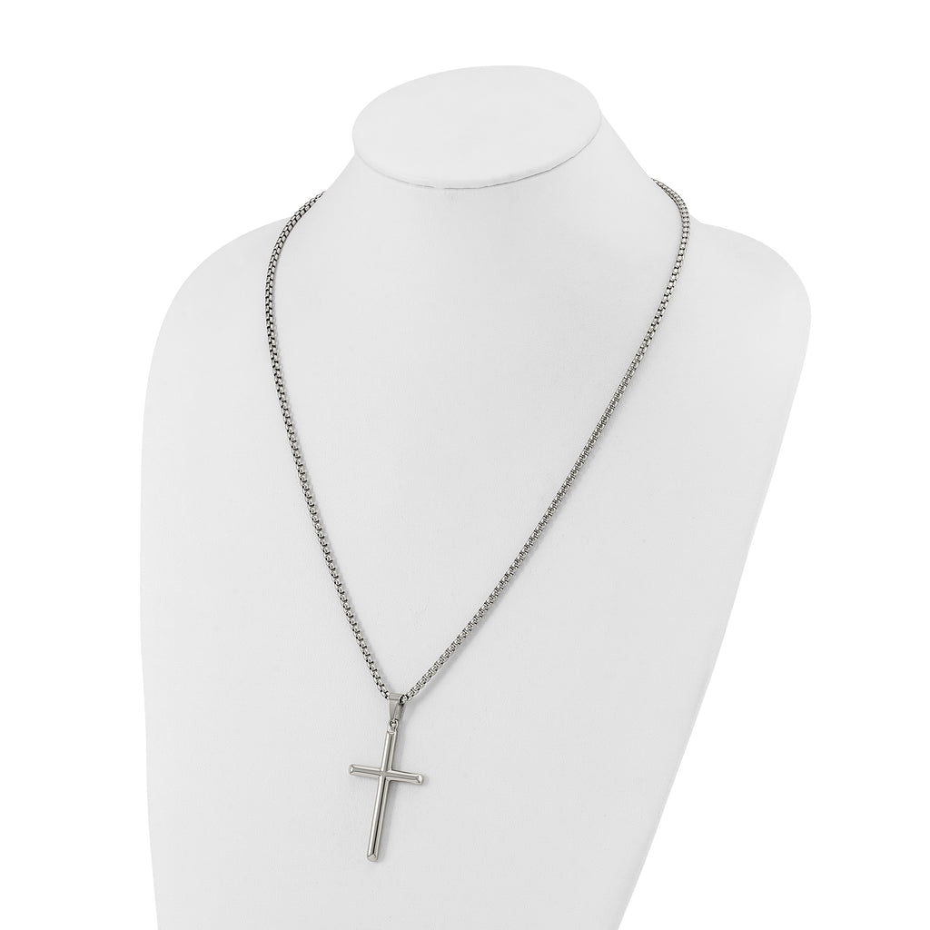 Men's Polished Cross Stainless Steel Box Chain Necklace 2.9mm 24in