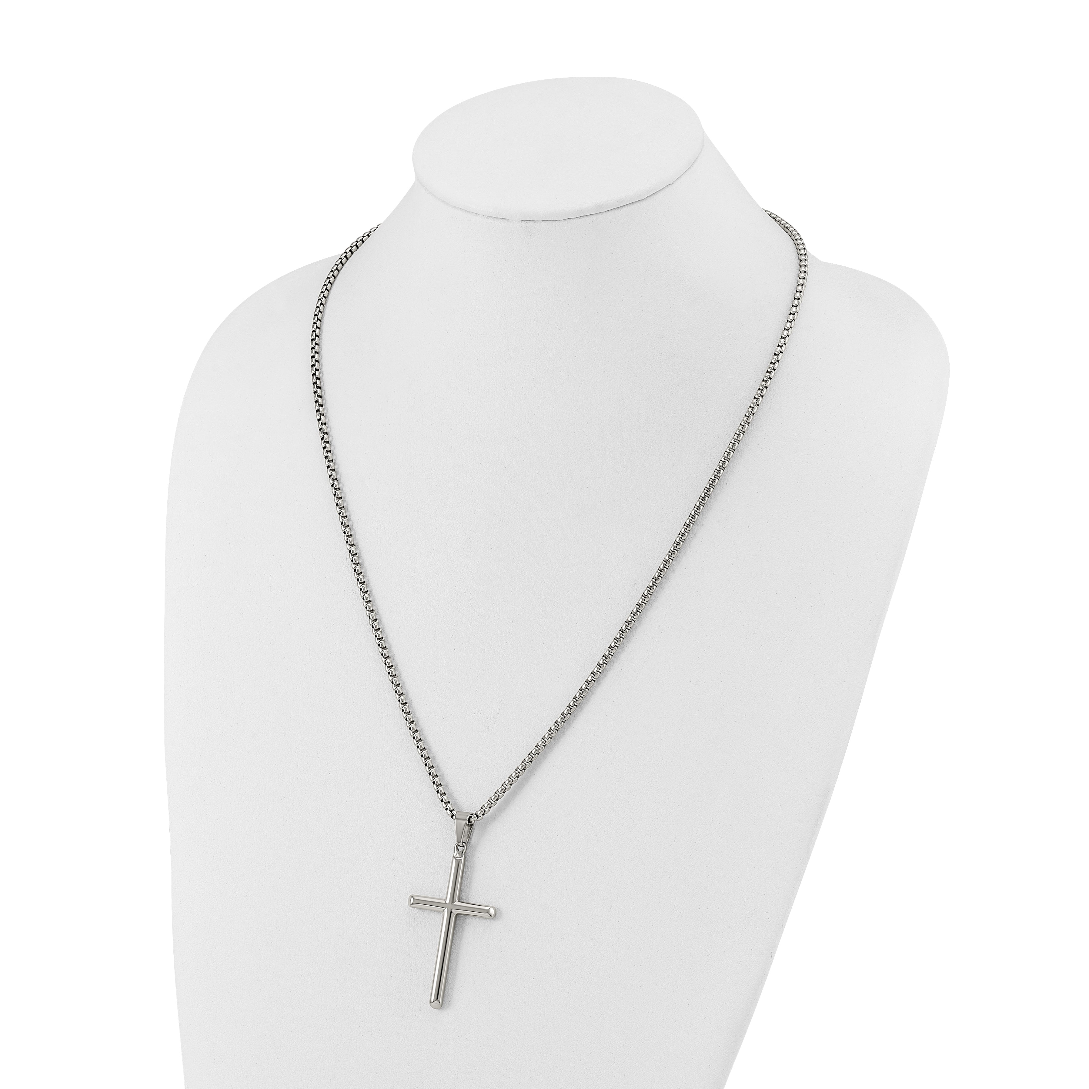 Men's Polished Cross Stainless Steel Box Chain Necklace 2.9mm 24in