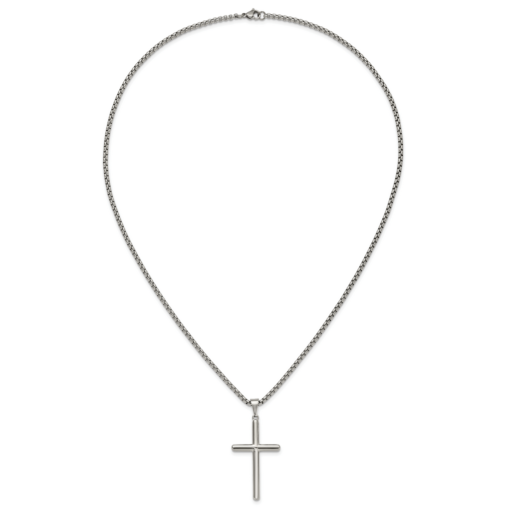 Men's Polished Cross Stainless Steel Box Chain Necklace 2.9mm 24in