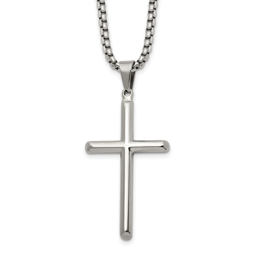 Men's Polished Cross Stainless Steel Box Chain Necklace 2.9mm 24in
