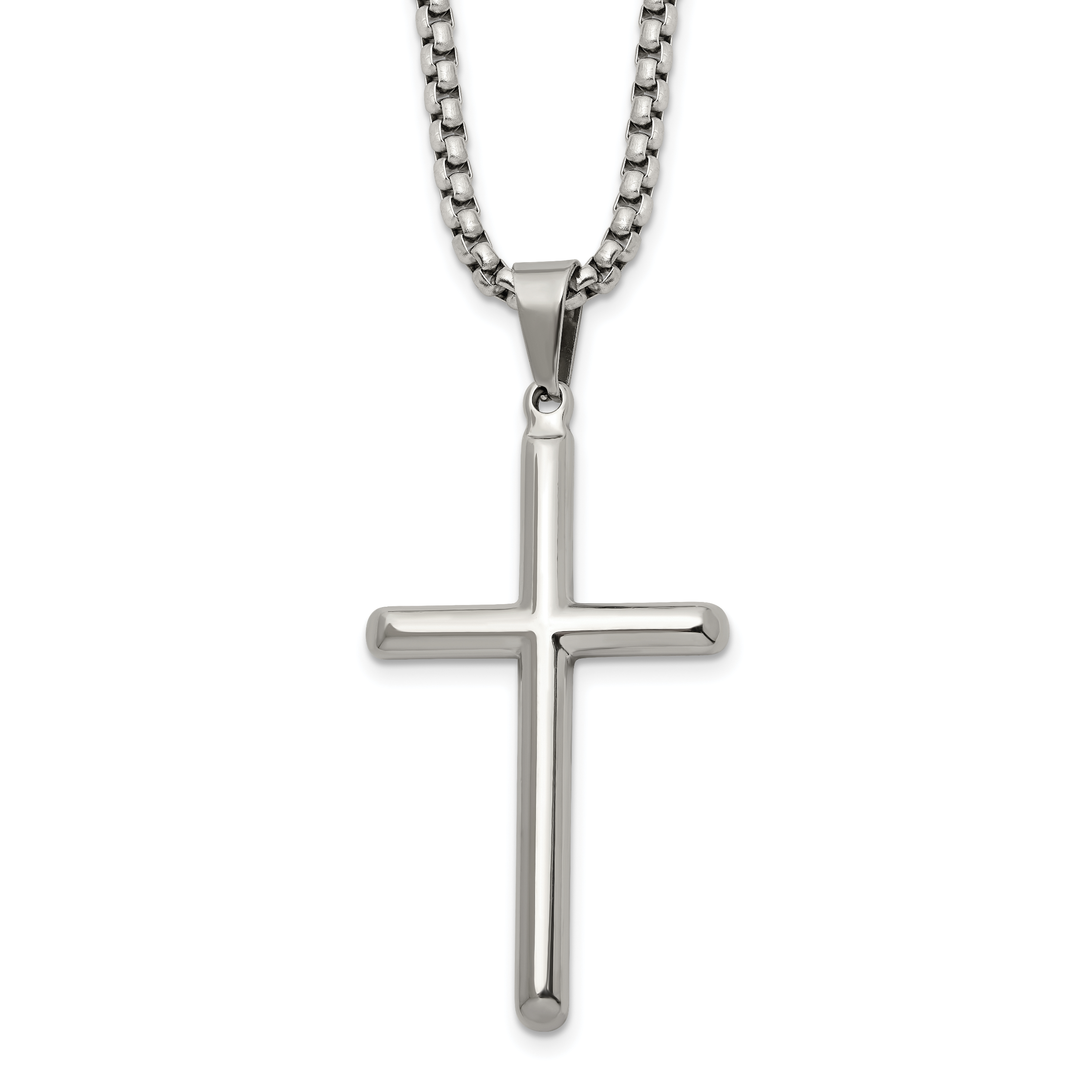 Men's Polished Cross Stainless Steel Box Chain Necklace 2.9mm 24in