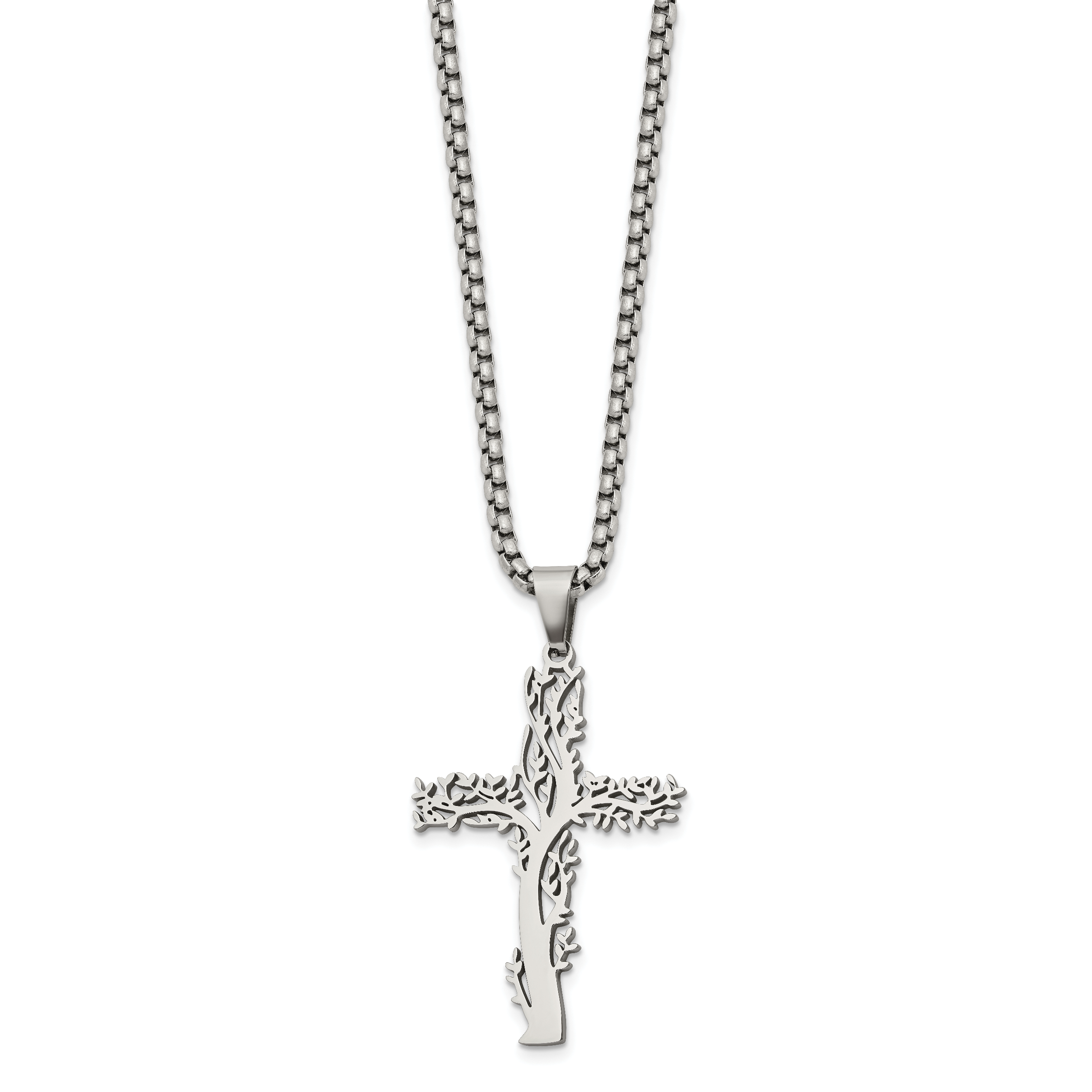 Polished Cross Stainless Steel Box Chain Necklace 2.9mm