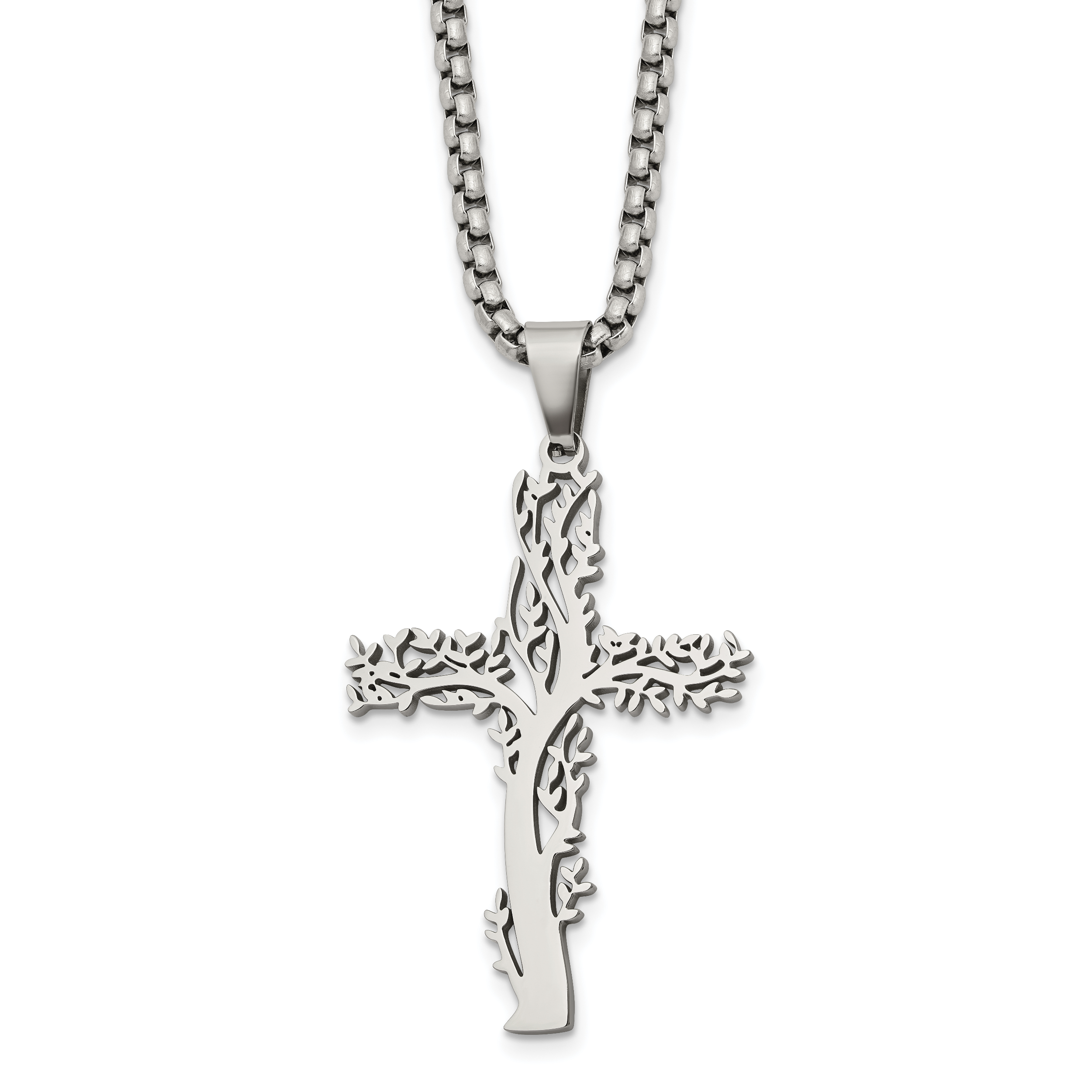 Polished Cross Stainless Steel Box Chain Necklace 2.9mm