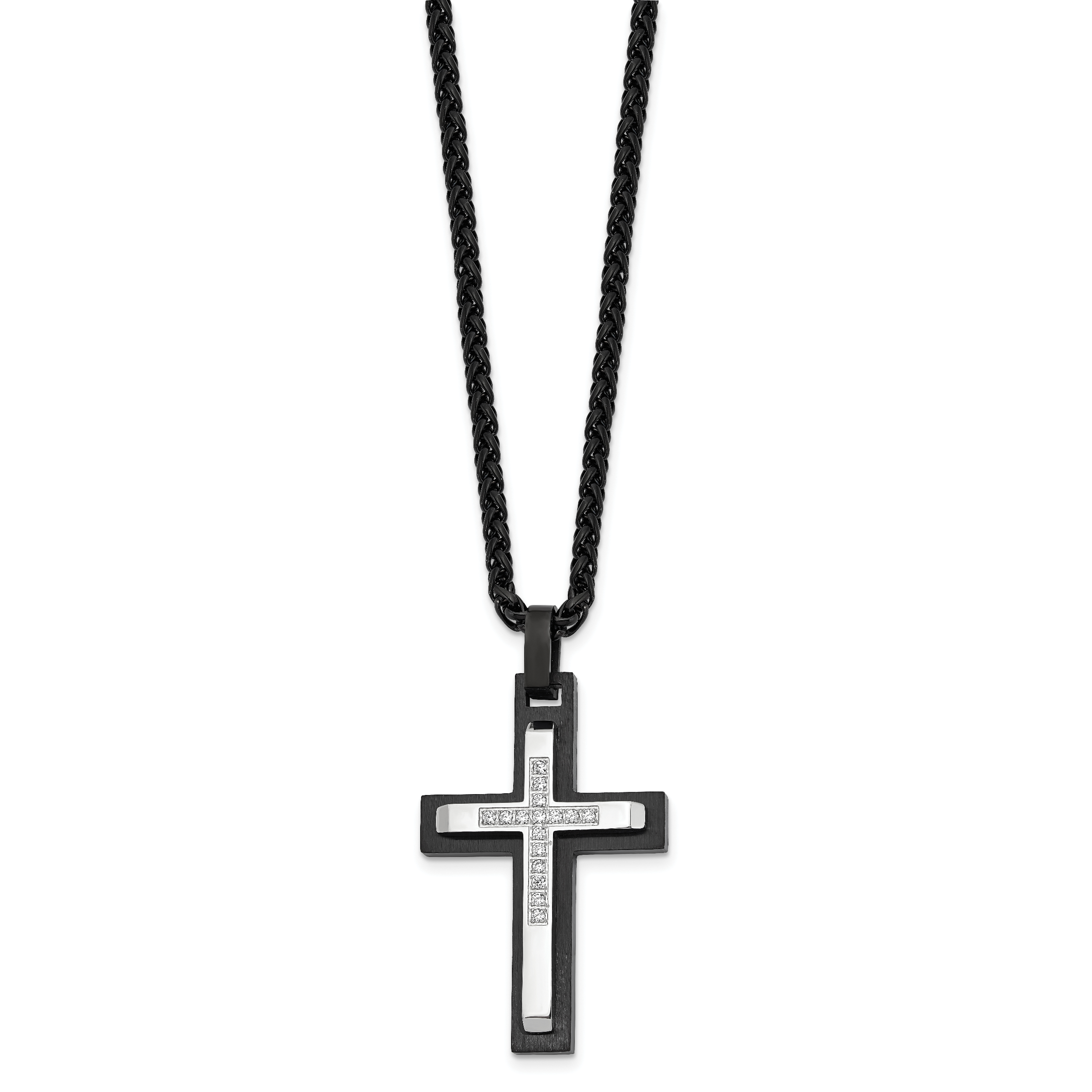 Men's Black Ion-Plated Brushed and Polished Cubic Zirconia Cross Stainless Steel Spiga (Wheat) Chain Necklace 3mm Secondary image