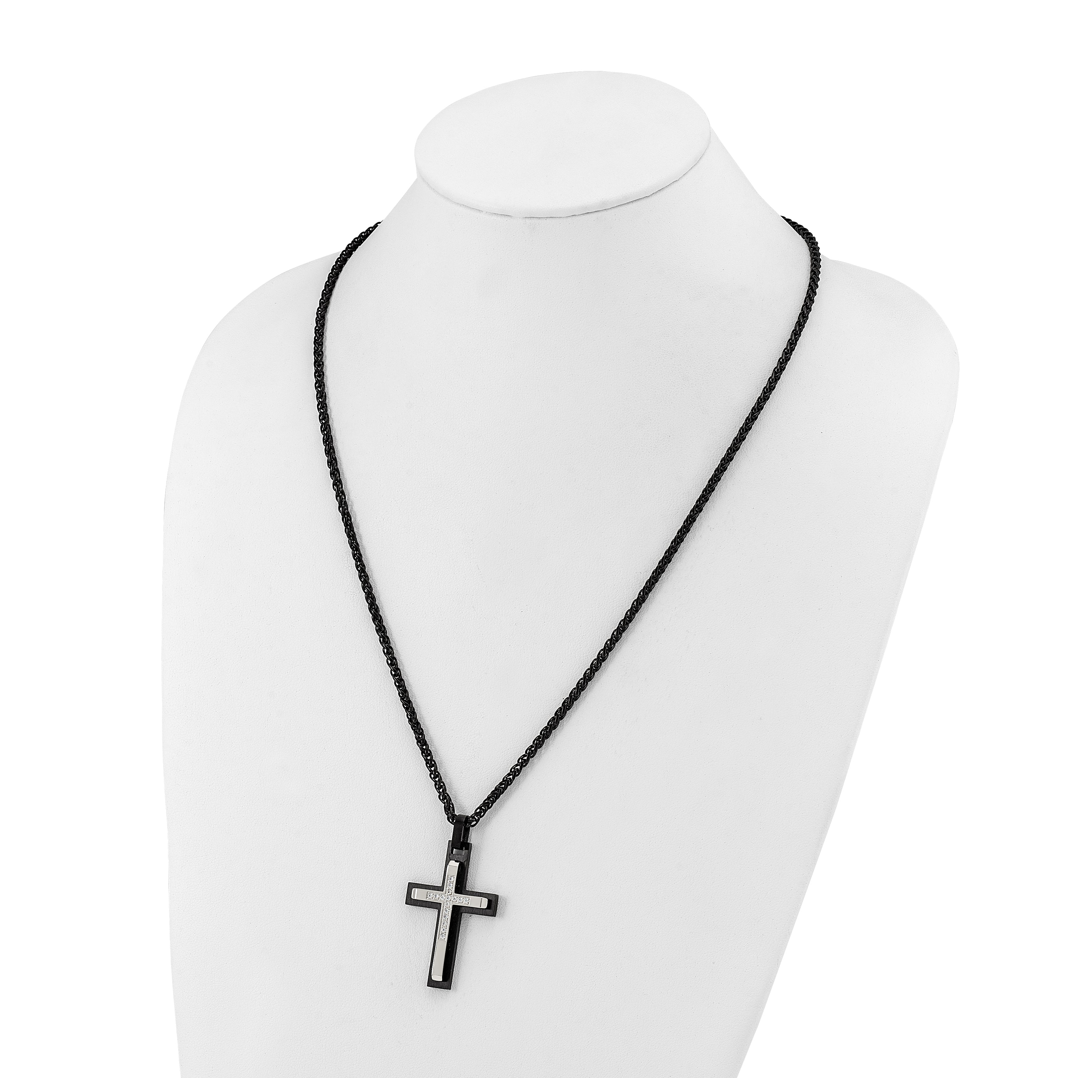 Men's Black Ion-Plated Brushed and Polished Cubic Zirconia Cross Stainless Steel Spiga (Wheat) Chain Necklace 3mm