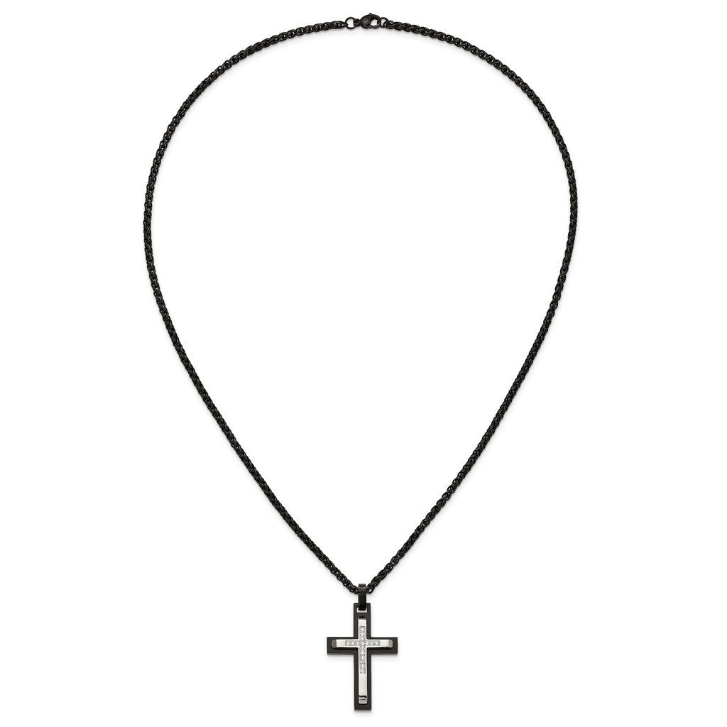 Men's Black Ion-Plated Brushed and Polished Cubic Zirconia Cross Stainless Steel Spiga (Wheat) Chain Necklace 3mm