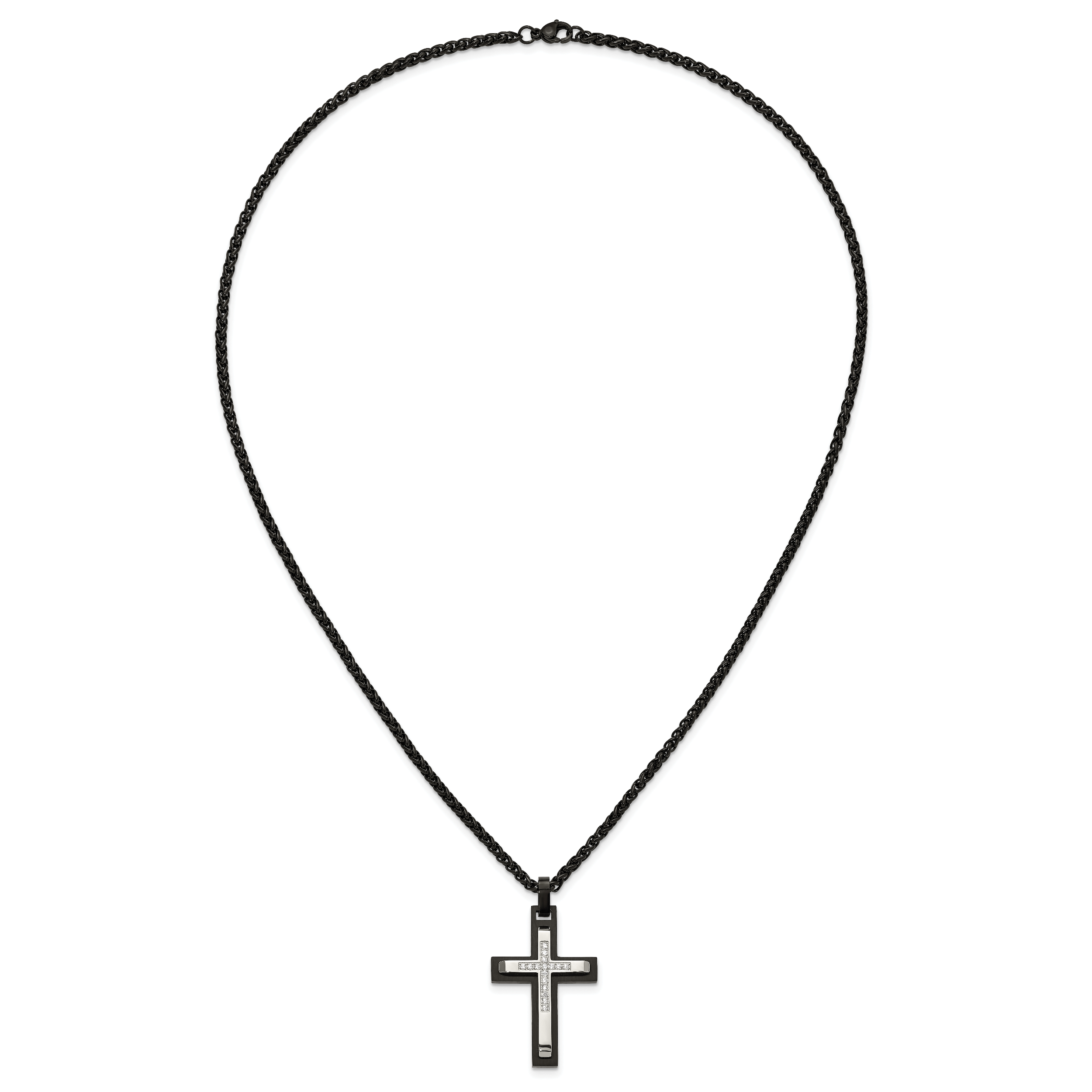 Men's Black Ion-Plated Brushed and Polished Cubic Zirconia Cross Stainless Steel Spiga (Wheat) Chain Necklace 3mm