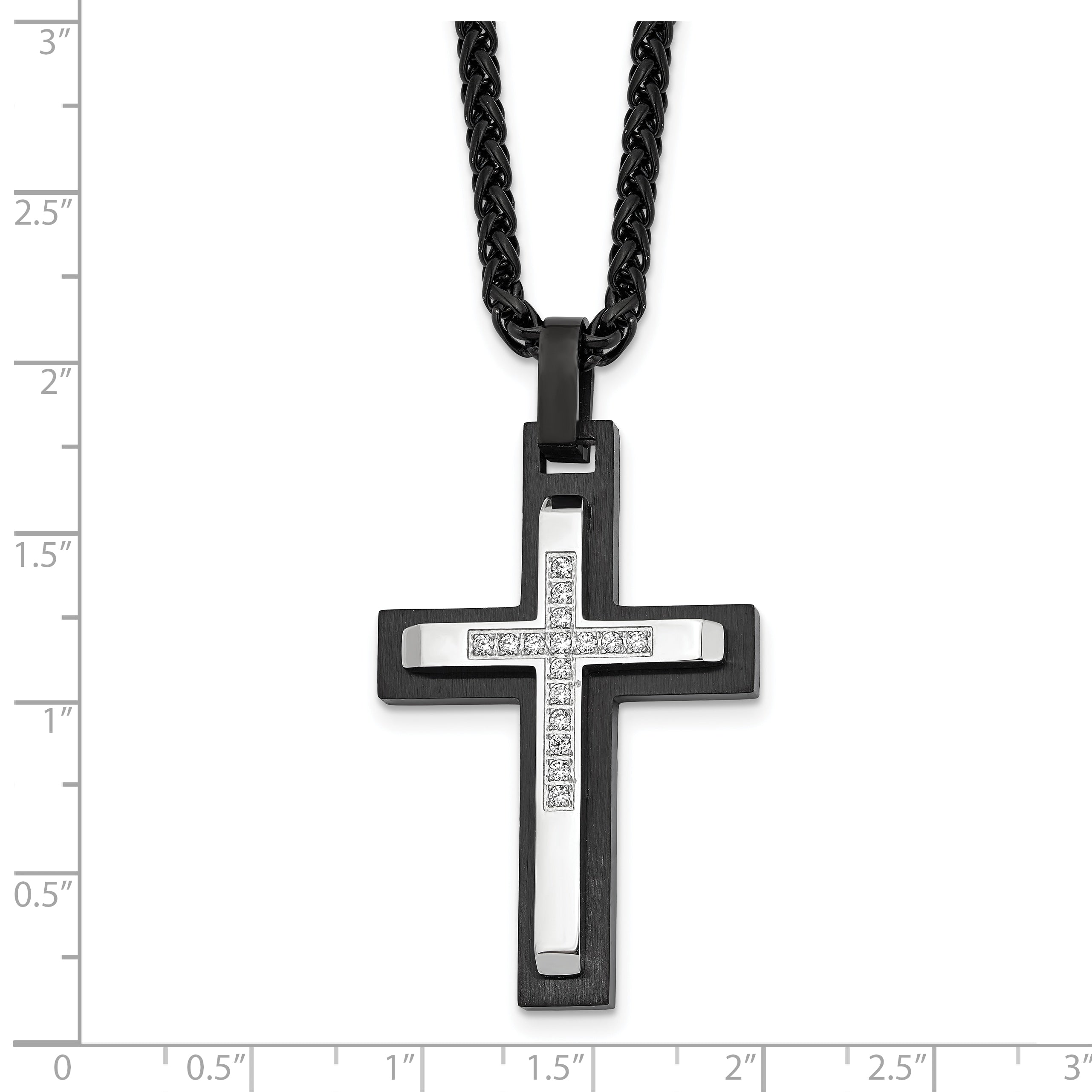 Men's Black Ion-Plated Brushed and Polished Cubic Zirconia Cross Stainless Steel Spiga (Wheat) Chain Necklace 3mm