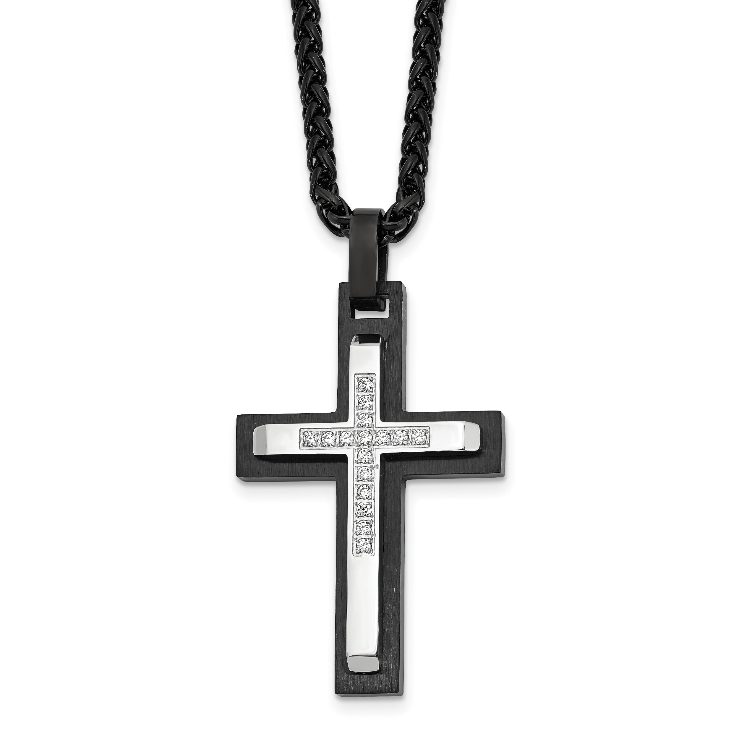 Men's Black Ion-Plated Brushed and Polished Cubic Zirconia Cross Stainless Steel Spiga (Wheat) Chain Necklace 3mm Main image
