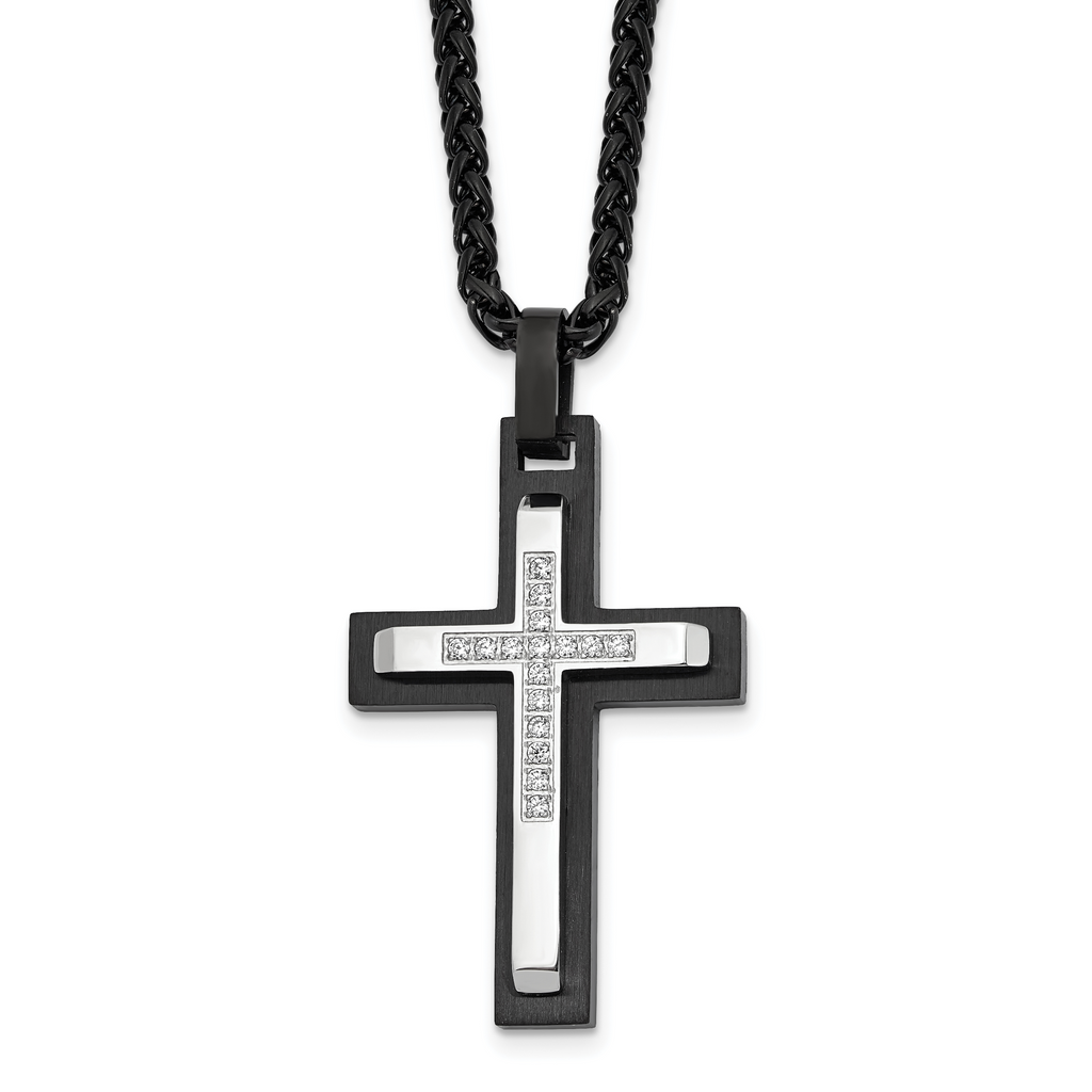 Men's Black Ion-Plated Brushed and Polished Cubic Zirconia Cross Stainless Steel Spiga (Wheat) Chain Necklace 3mm