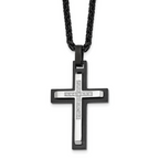 Men's Black Ion-Plated Brushed and Polished Cubic Zirconia Cross Stainless Steel Spiga (Wheat) Chain Necklace 3mm