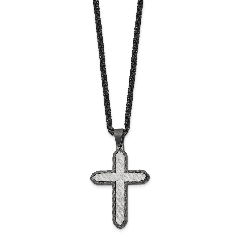 Men's Gunmetal Brushed Cross Stainless Steel Spiga (Wheat) Chain Necklace 2.8mm