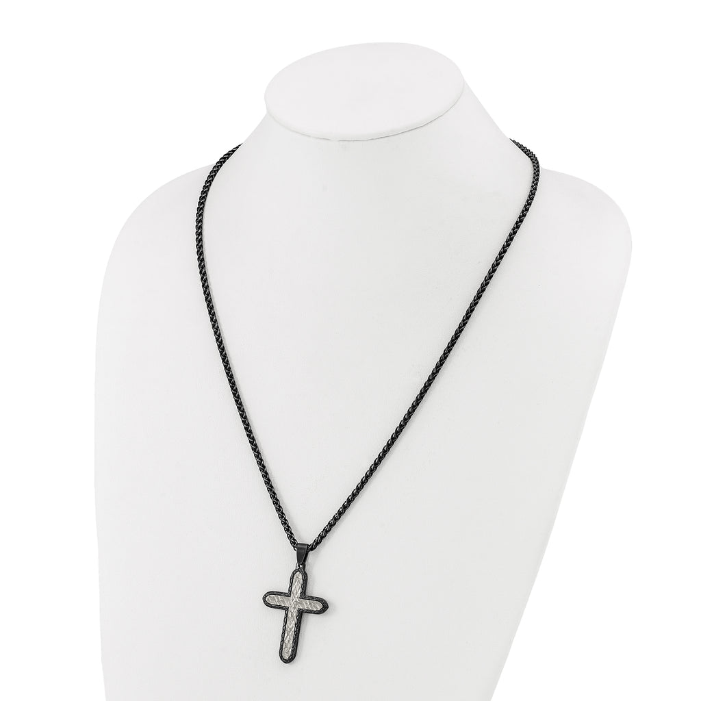 Men's Gunmetal Brushed Cross Stainless Steel Spiga (Wheat) Chain Necklace 2.8mm