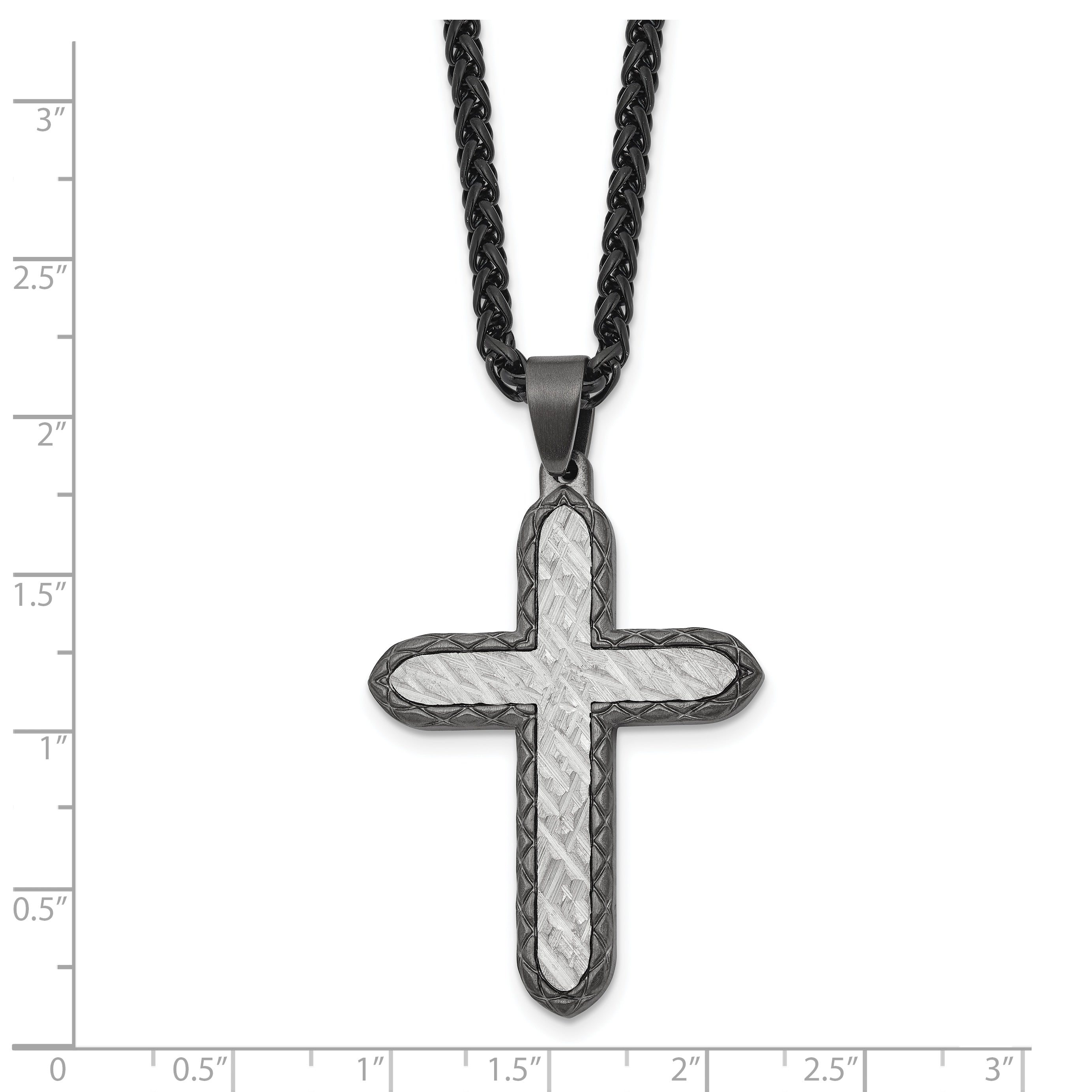 Men's Gunmetal Brushed Cross Stainless Steel Spiga (Wheat) Chain Necklace 2.8mm