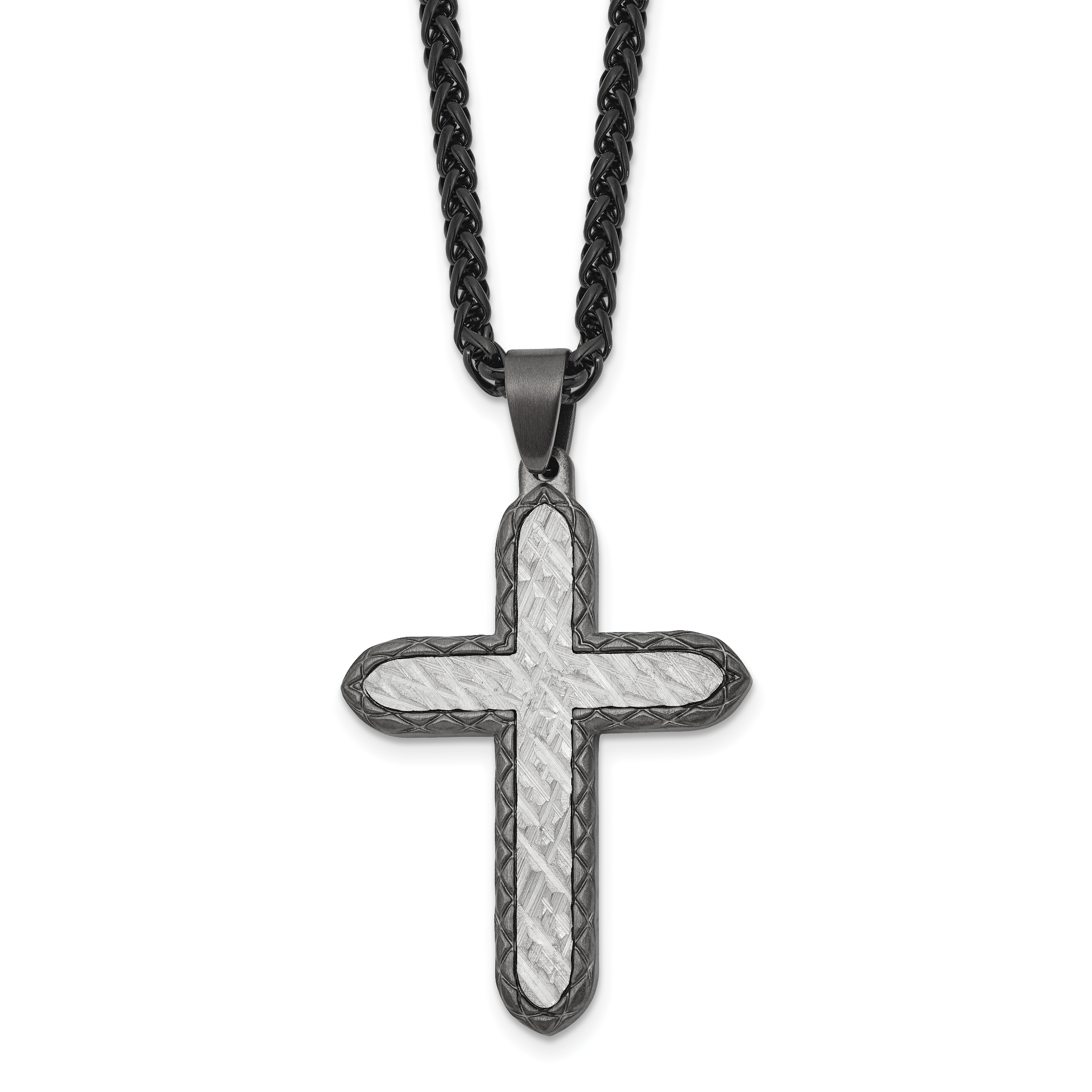 Men's Gunmetal Brushed Cross Stainless Steel Spiga (Wheat) Chain Necklace 2.8mm