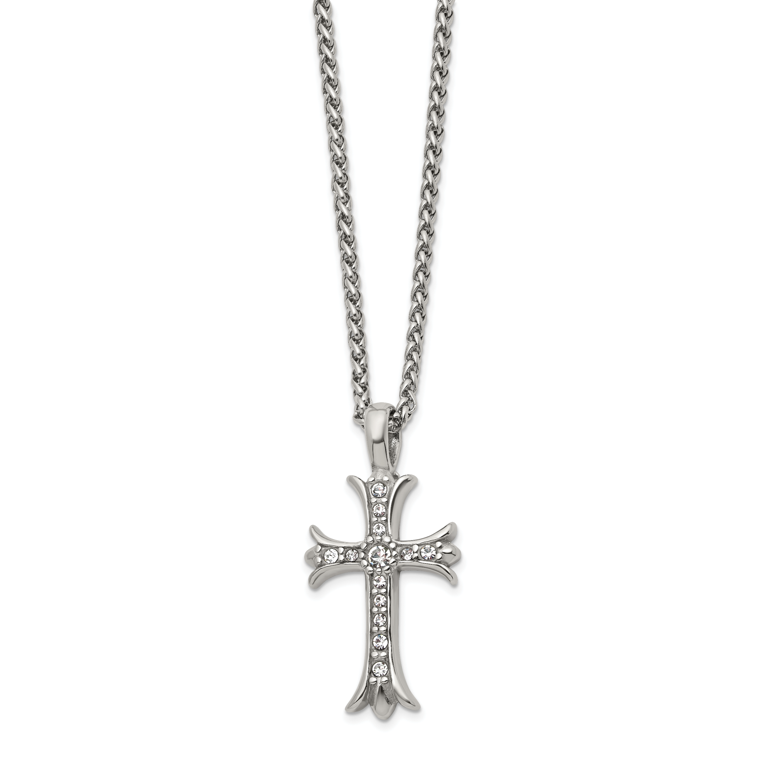 Men's Polished Cubic Zirconia Cross Stainless Steel Spiga (Wheat) Chain Necklace 3mm Secondary image