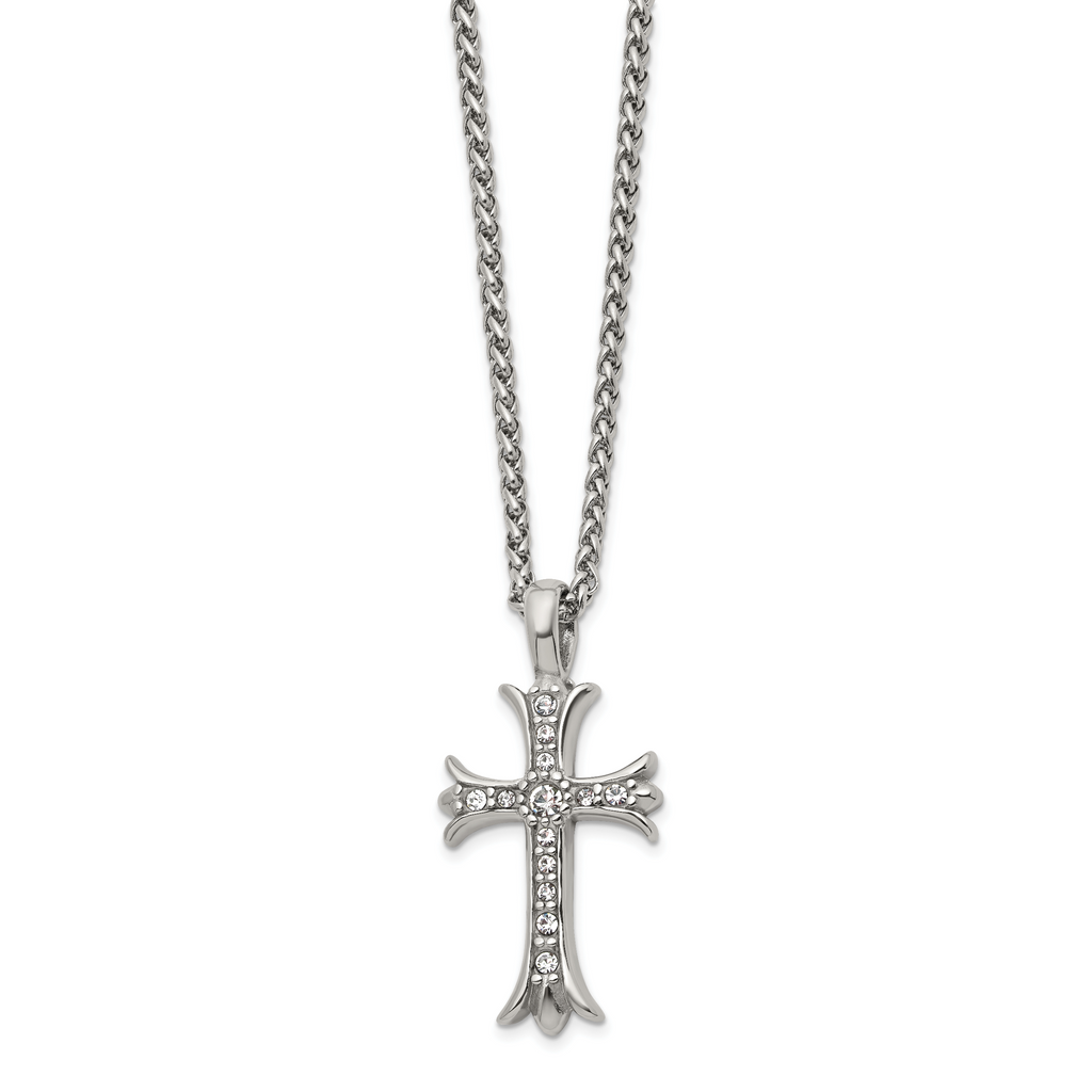 Men's Polished Cubic Zirconia Cross Stainless Steel Spiga (Wheat) Chain Necklace 3mm