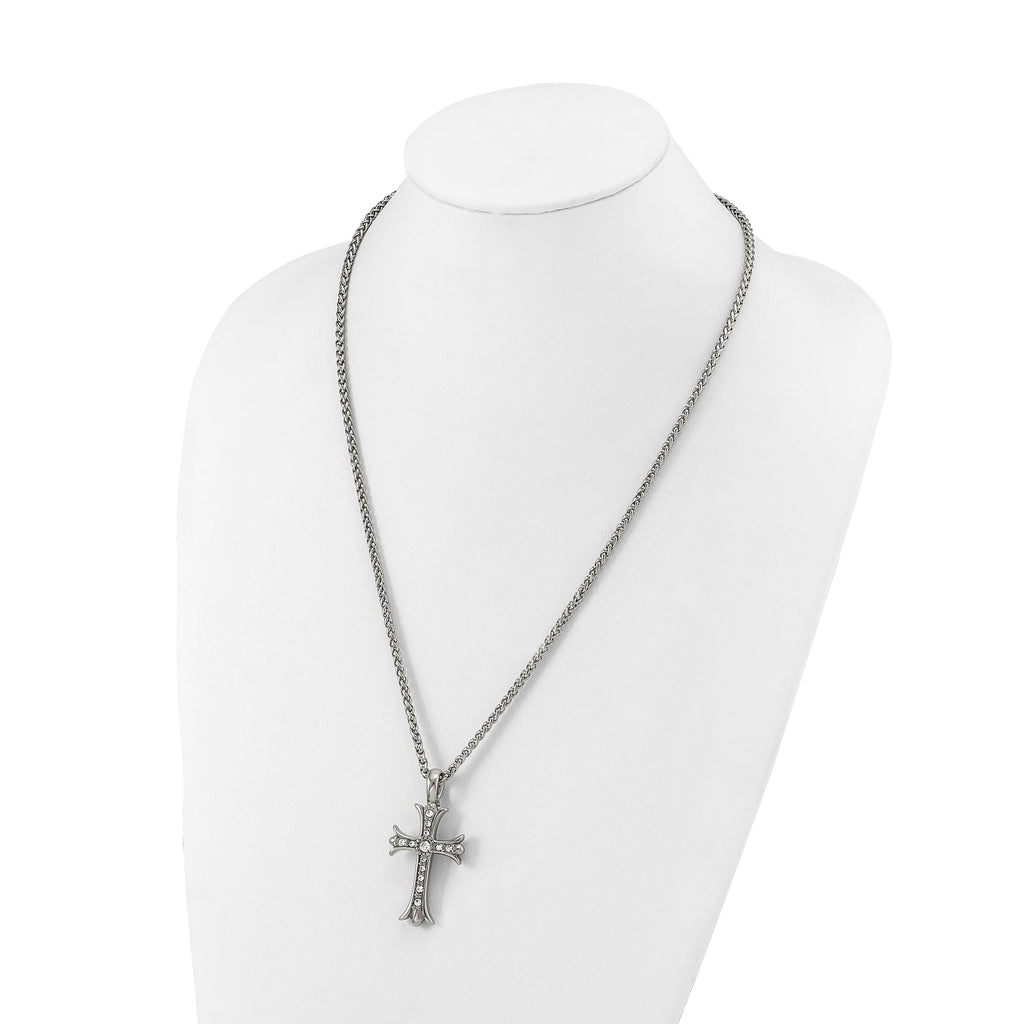 Men's Polished Cubic Zirconia Cross Stainless Steel Spiga (Wheat) Chain Necklace 3mm