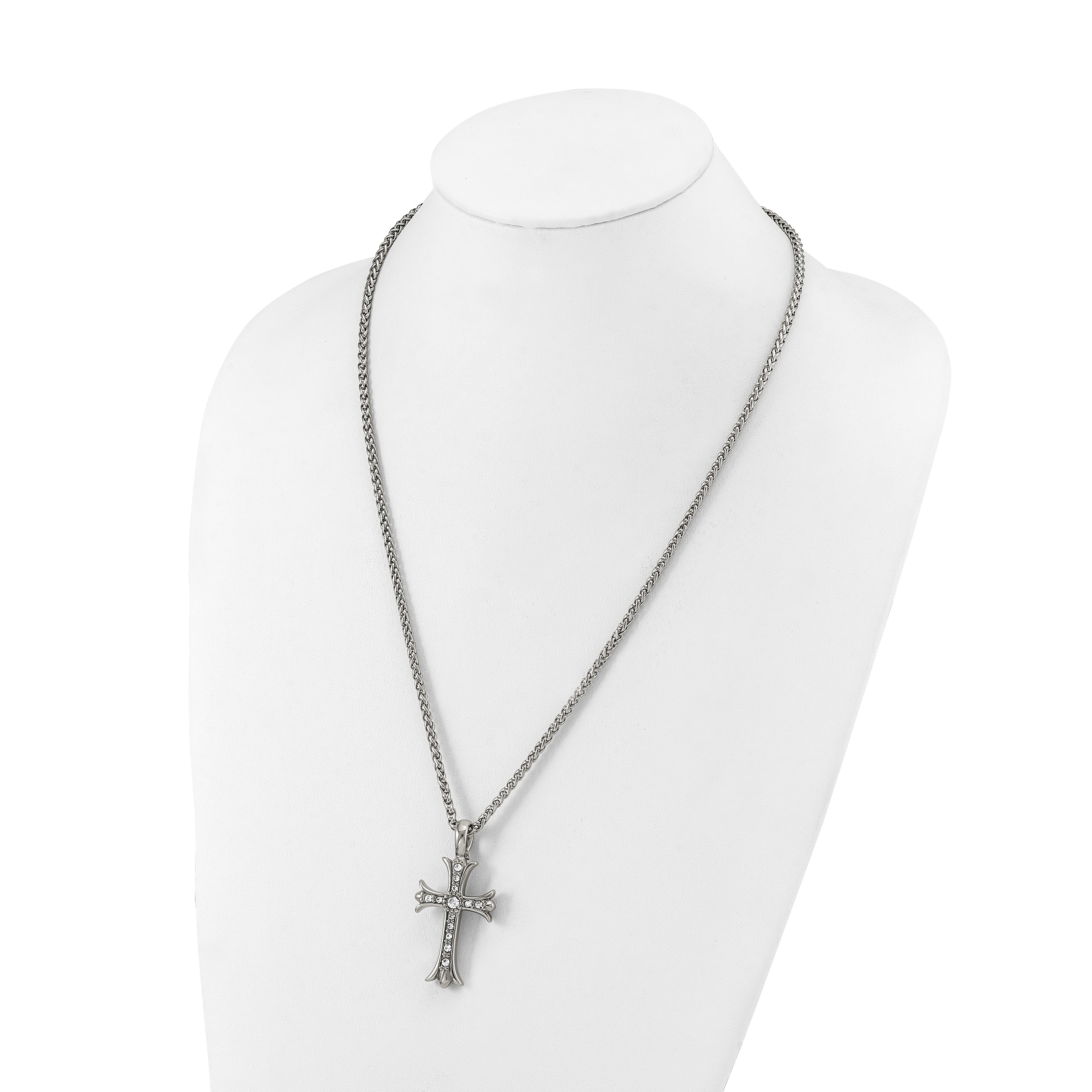 Men's Polished Cubic Zirconia Cross Stainless Steel Spiga (Wheat) Chain Necklace 3mm