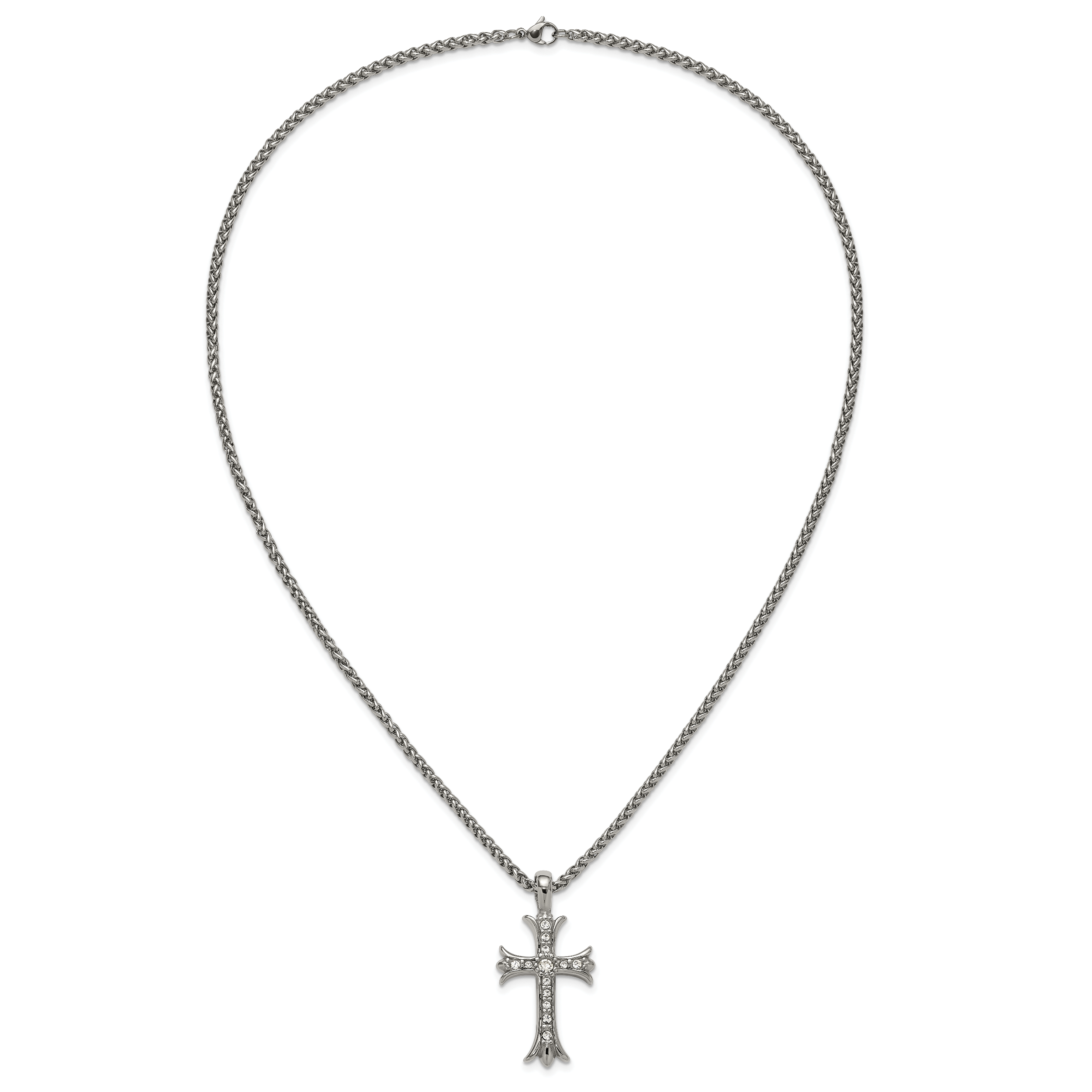 Men's Polished Cubic Zirconia Cross Stainless Steel Spiga (Wheat) Chain Necklace 3mm
