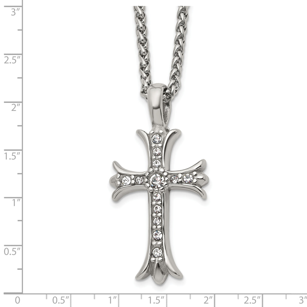 Men's Polished Cubic Zirconia Cross Stainless Steel Spiga (Wheat) Chain Necklace 3mm