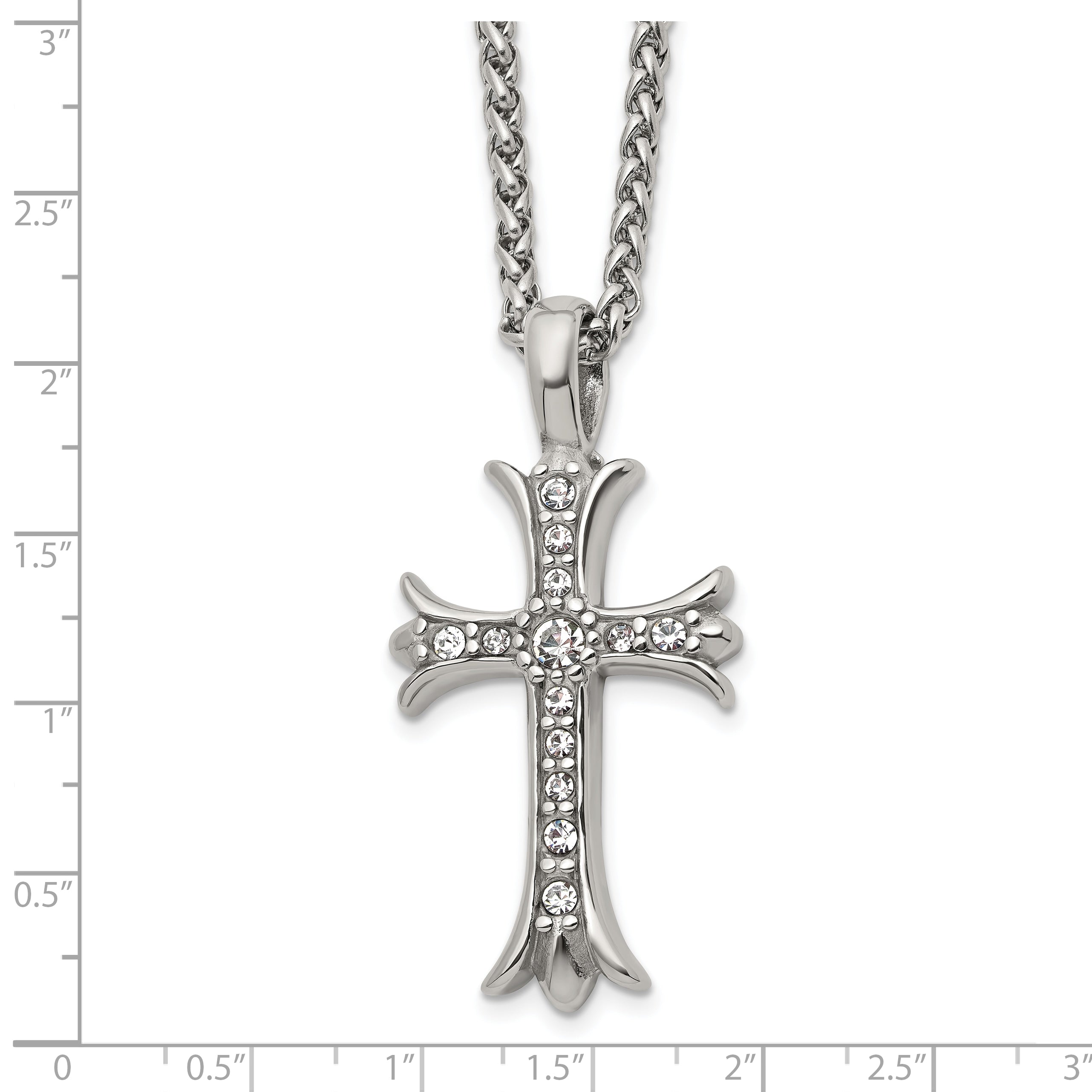 Men's Polished Cubic Zirconia Cross Stainless Steel Spiga (Wheat) Chain Necklace 3mm