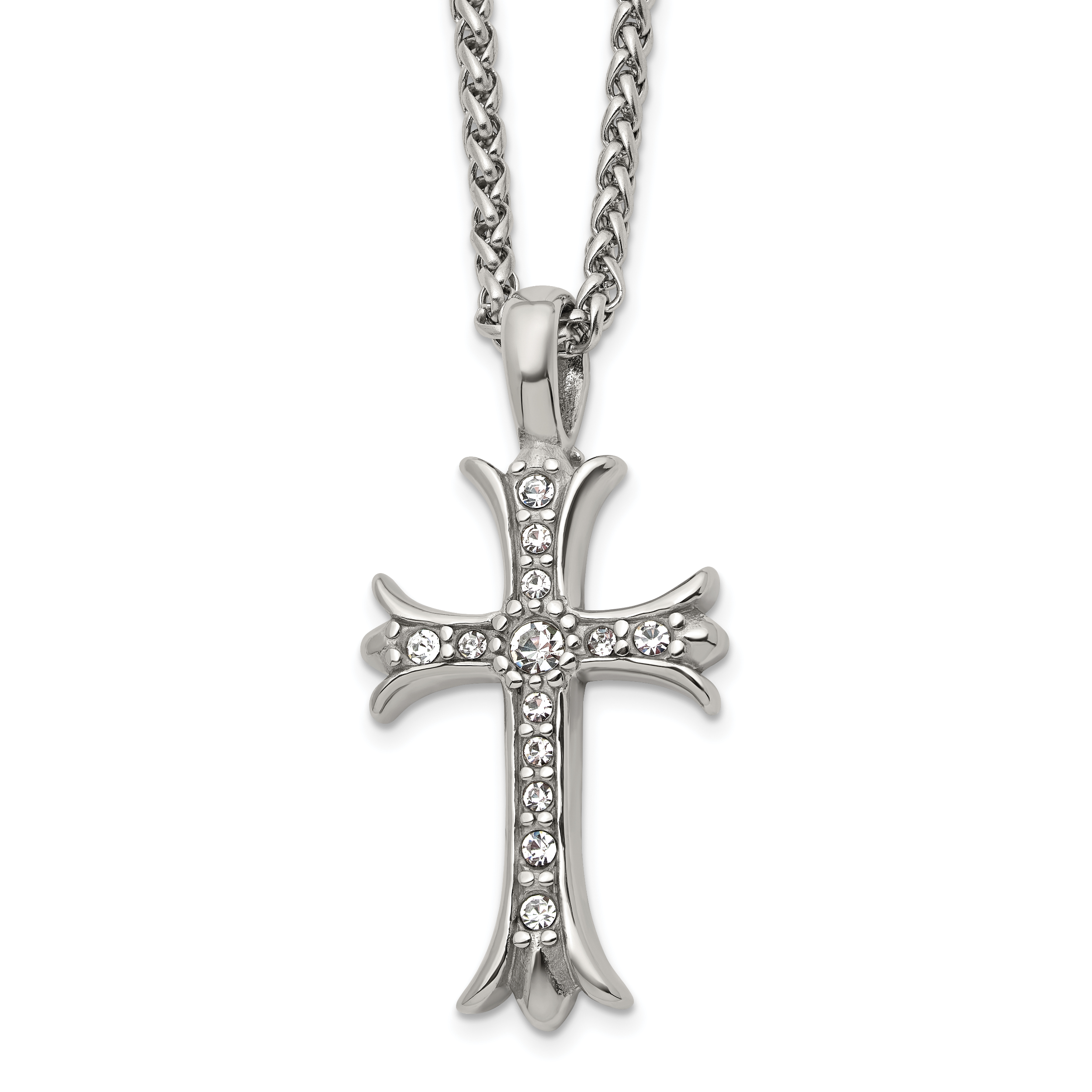 Men's Polished Cubic Zirconia Cross Stainless Steel Spiga (Wheat) Chain Necklace 3mm Main image