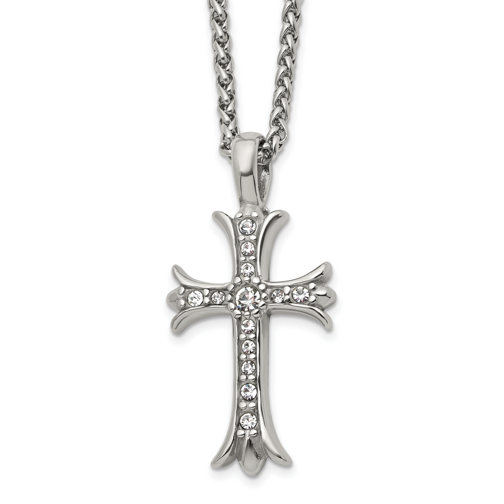 Men's Polished Cubic Zirconia Cross Stainless Steel Spiga (Wheat) Chain Necklace 3mm