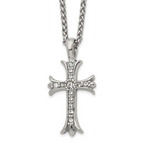 Men's Polished Cubic Zirconia Cross Stainless Steel Spiga (Wheat) Chain Necklace 3mm