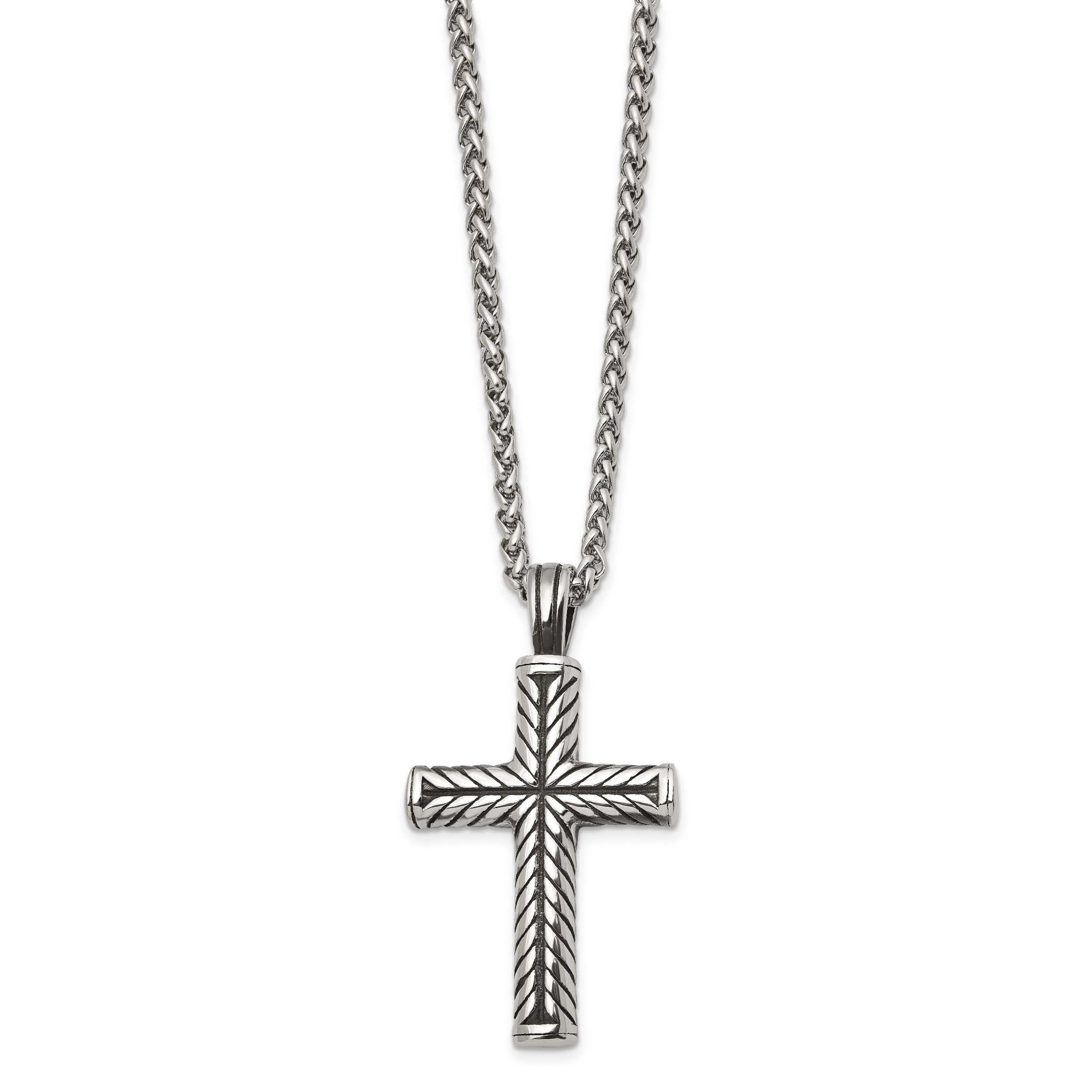 Men's Antiqued Cross Stainless Steel Spiga (Wheat) Chain Necklace 3mm Secondary image