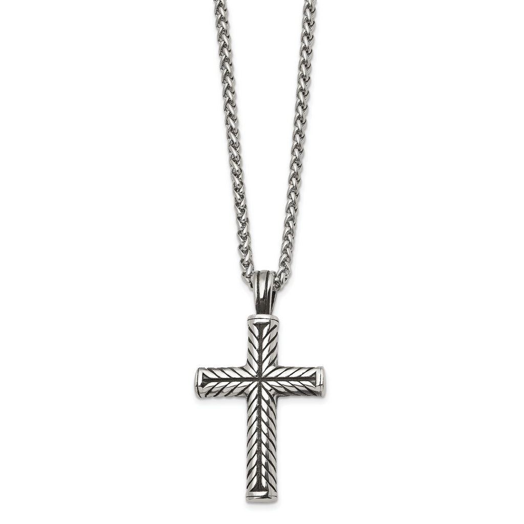 Men's Antiqued Cross Stainless Steel Spiga (Wheat) Chain Necklace 3mm