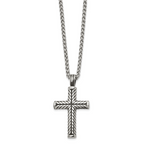 Men's Antiqued Cross Stainless Steel Spiga (Wheat) Chain Necklace 3mm