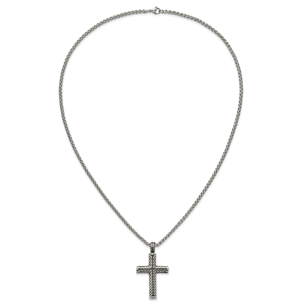 Men's Antiqued Cross Stainless Steel Spiga (Wheat) Chain Necklace 3mm