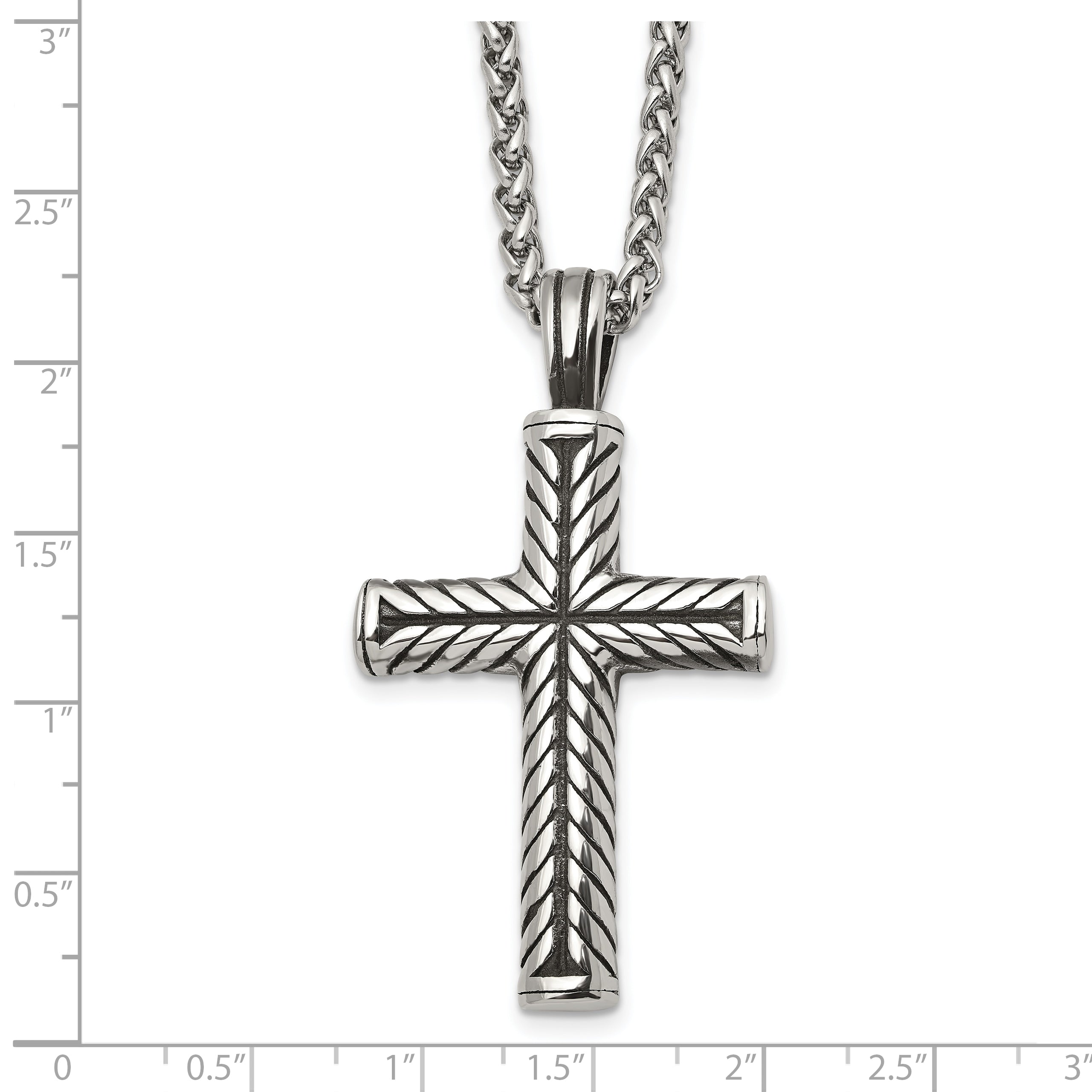 Men's Antiqued Cross Stainless Steel Spiga (Wheat) Chain Necklace 3mm