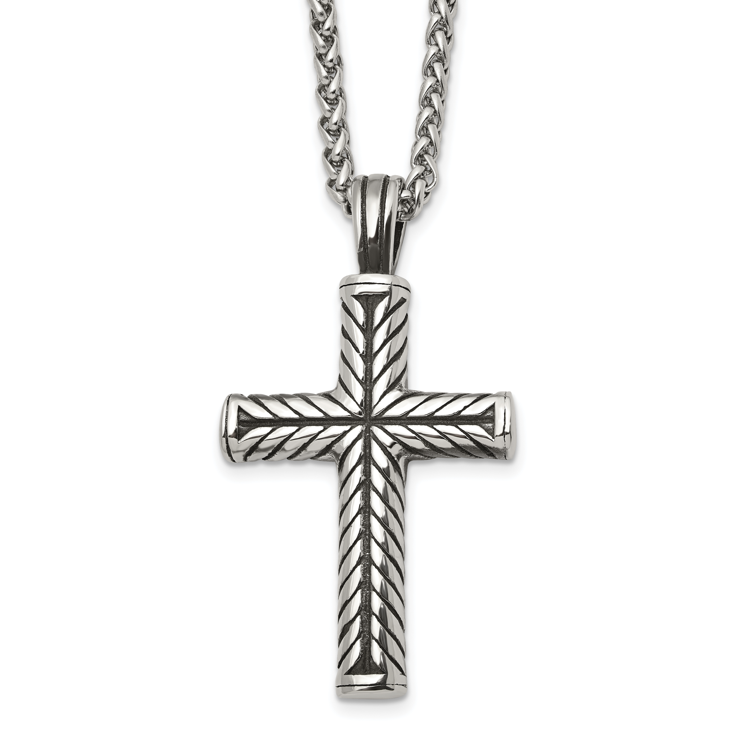 Men's Antiqued Cross Stainless Steel Spiga (Wheat) Chain Necklace 3mm Main image