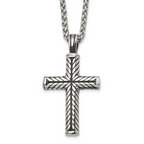 Men's Antiqued Cross Stainless Steel Spiga (Wheat) Chain Necklace 3mm