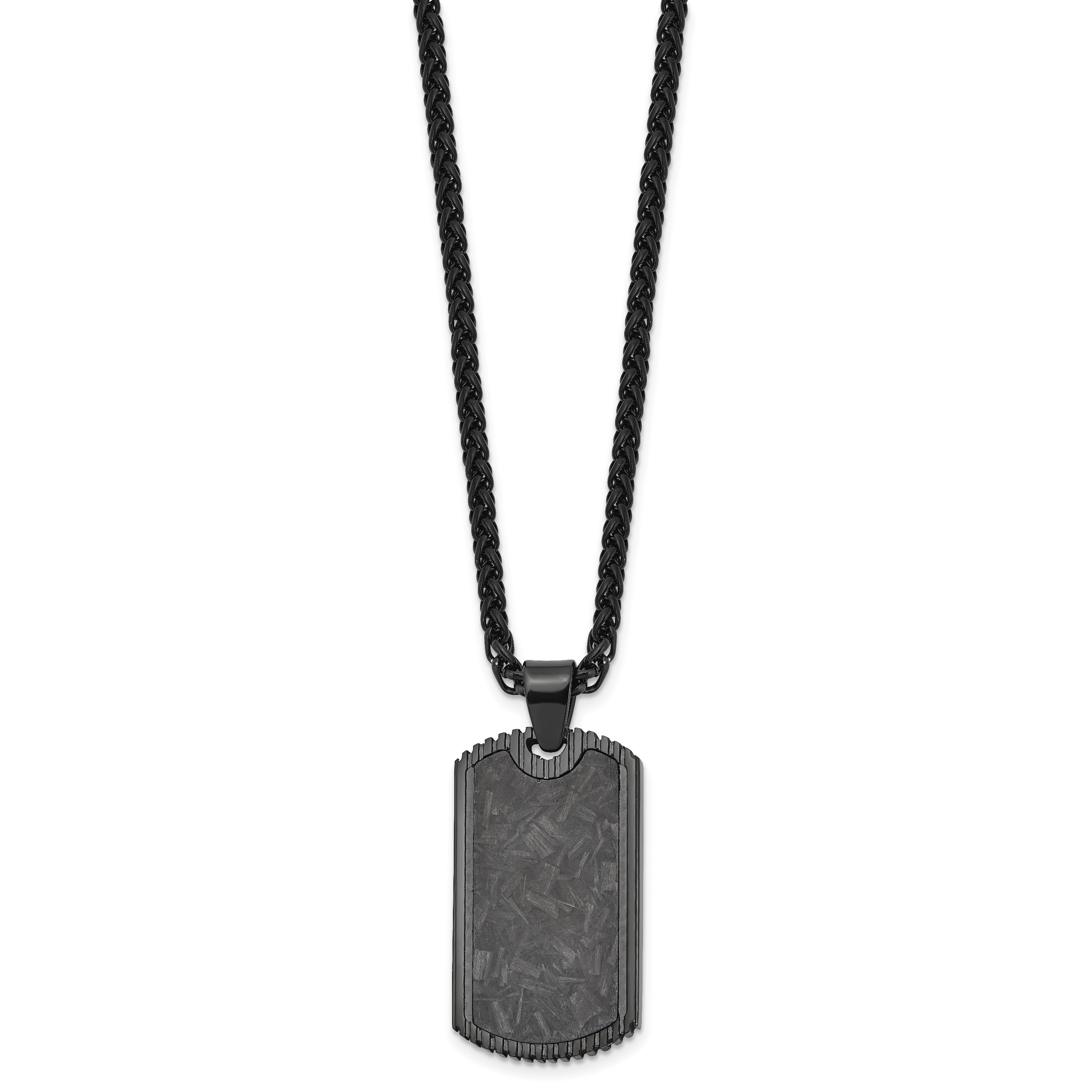 Men's Black Ion-Plated Polished Dog Tag Stainless Steel Spiga (Wheat) Chain Pendant Necklace 3mm