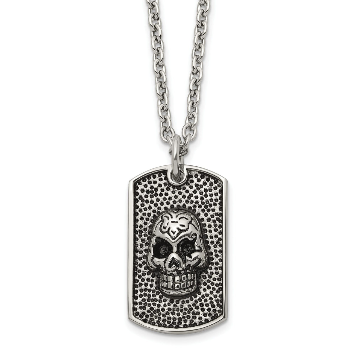 Skull Dog Tag Necklace in Stainless Steel, 24 Inch - Sophia Jewelers Main image