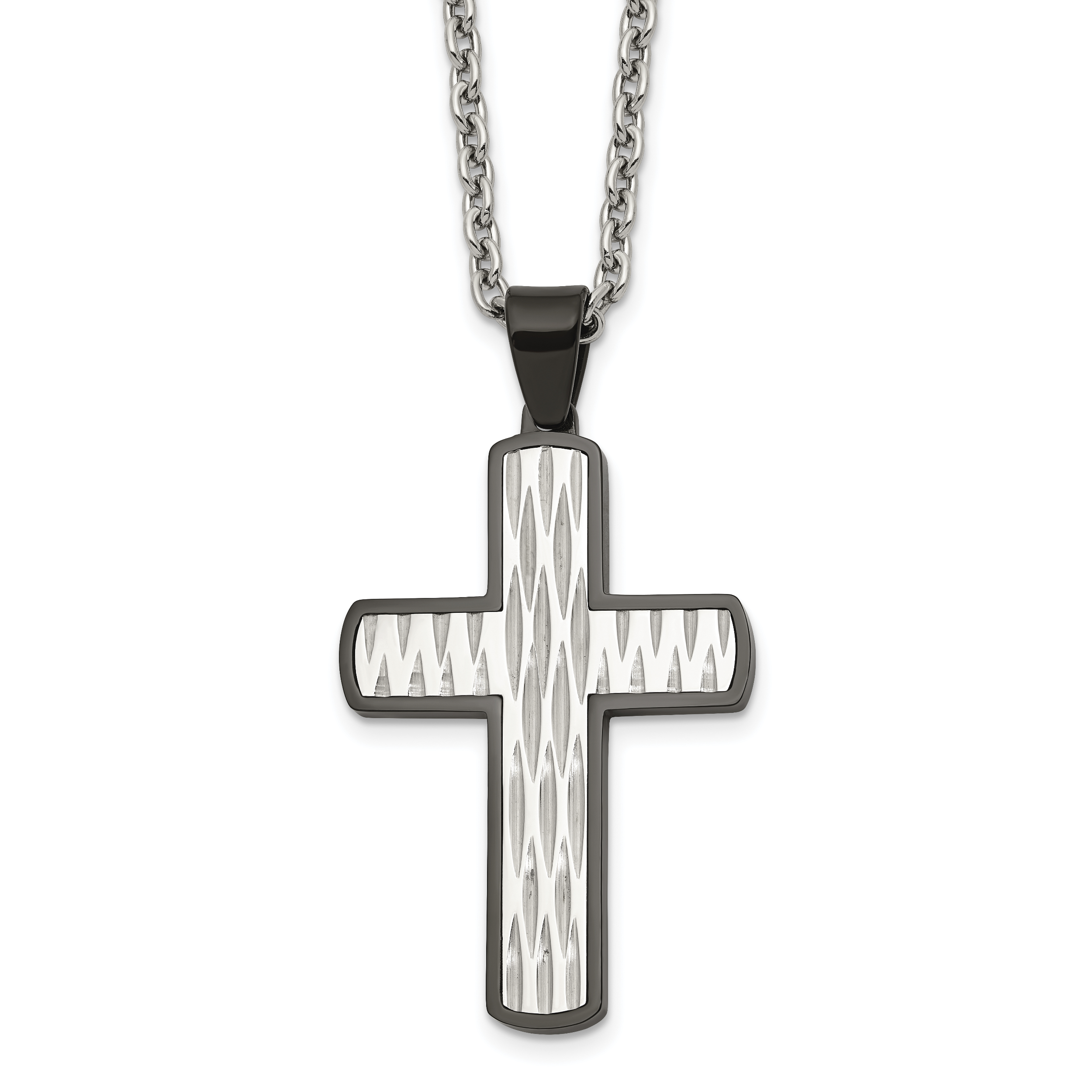 Men's Black Ion-Plated Polished Cross Stainless Steel Cable Chain Necklace 3mm