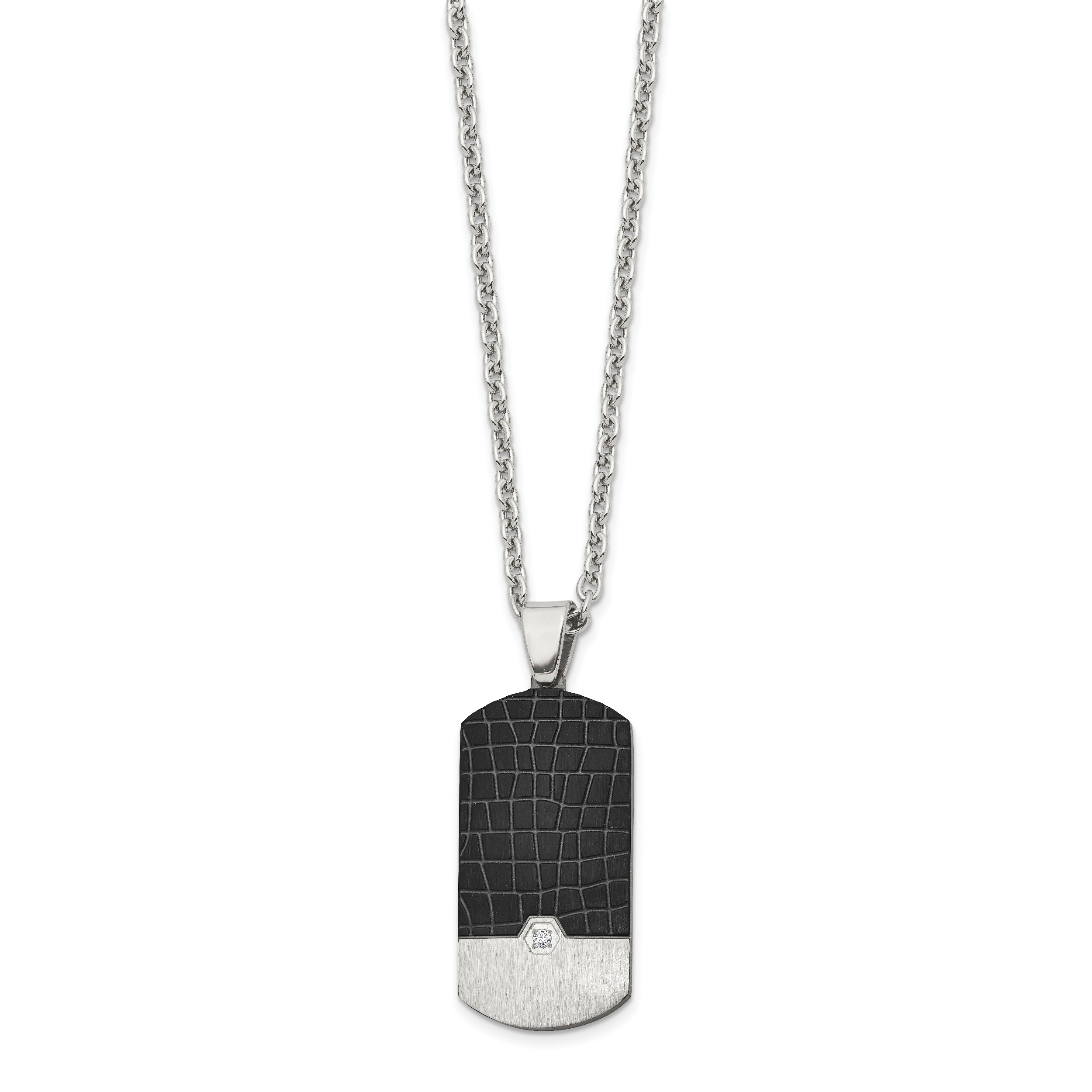 Men's Black Ion-Plated Brushed Cubic Zirconia Dog Tag Stainless Steel Cable Chain Pendant Necklace 3mm
