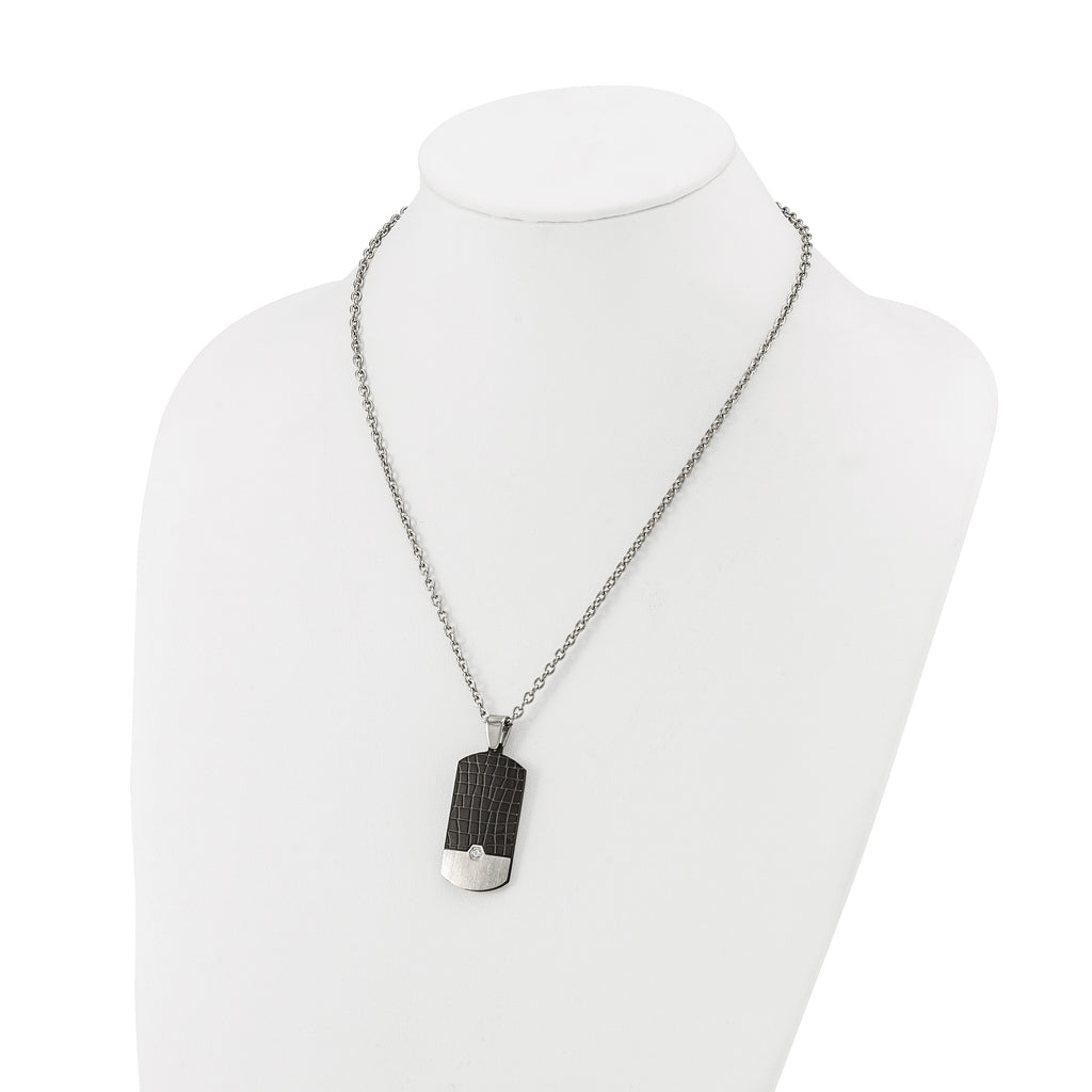 Men's Black Ion-Plated Brushed Cubic Zirconia Dog Tag Stainless Steel Cable Chain Pendant Necklace 3mm
